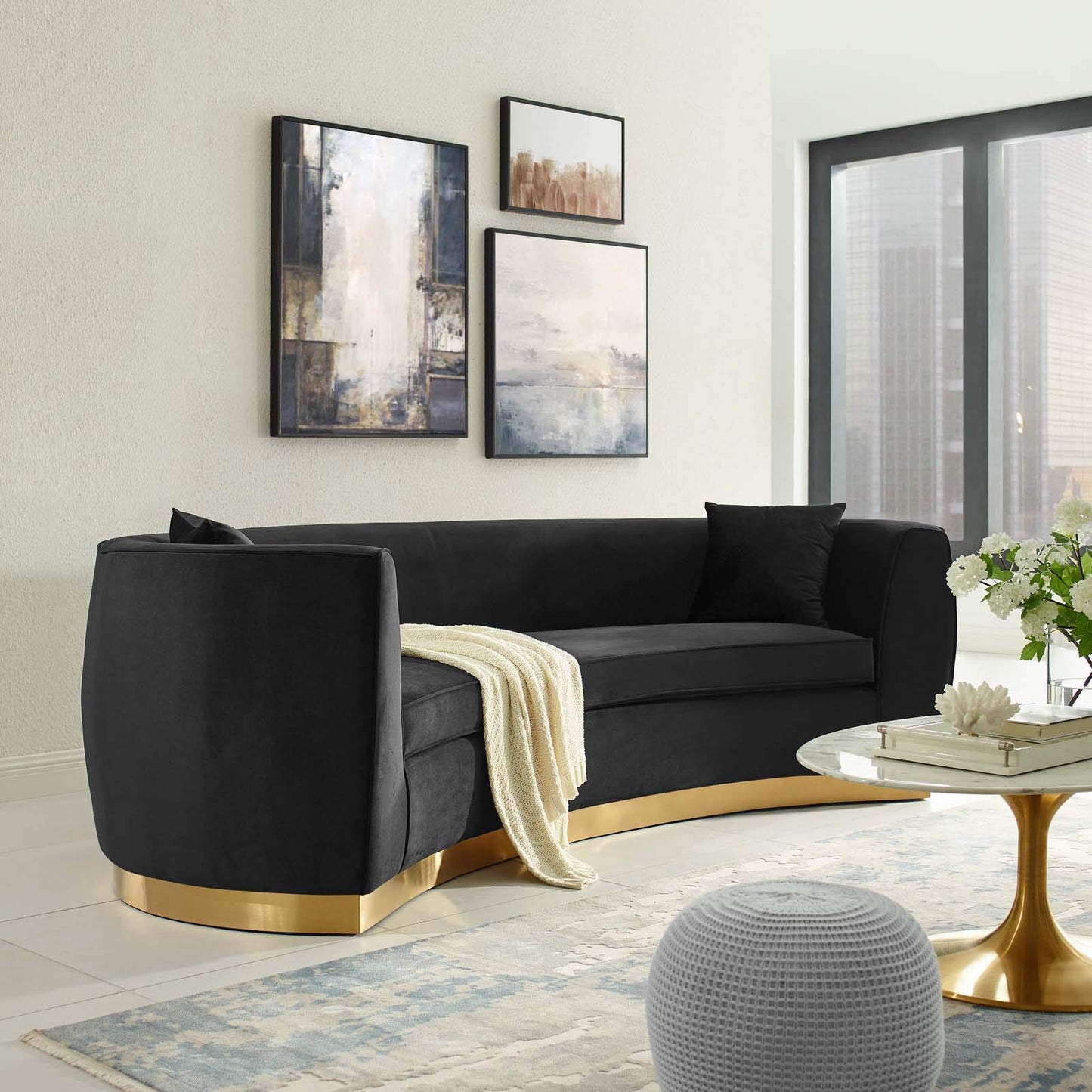 Modway EEI-3408-BLK Resolute Curved Performance Velvet Sofa, Black