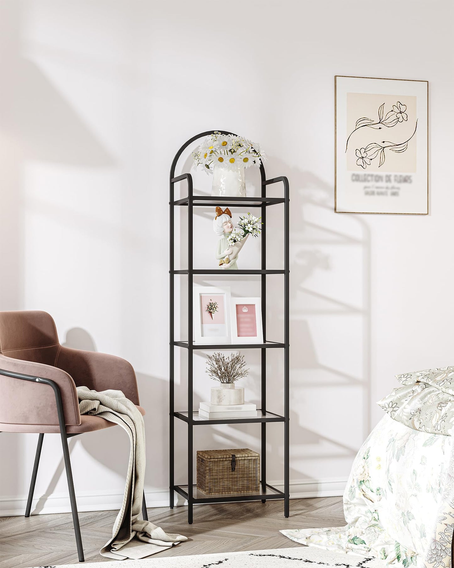 Hzuaneri Bookcase Bookshelf, Tempered Glass Bookshelves, Slim Shelving Unit for Bedroom, Bathroom, Home Office, Steel Frame, 5 Tier Black BC05001B
