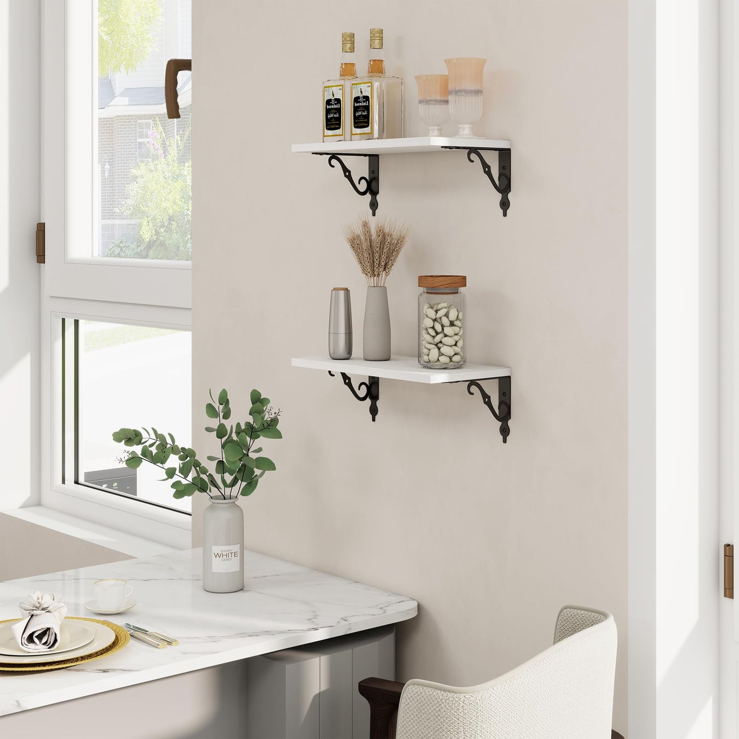 RICHFOCUS Floating Shelves for Wall Decor, 8 Inch Deep Shelves Set of 2, 16W x 8D Floating Shelves Wall Mounted with Metal Brackets, Rustic Wood Shelves for Living Room Bedroom Kitchen, White