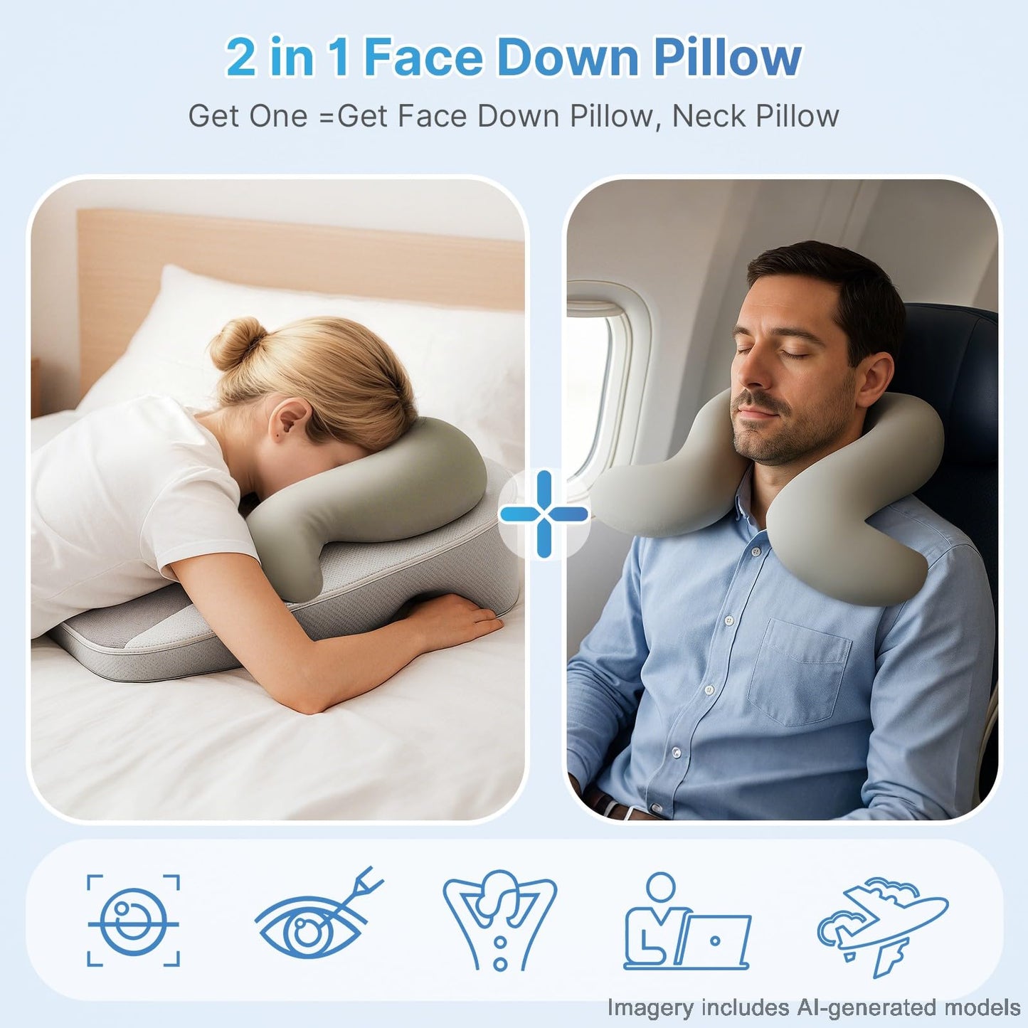 Eye Face Down Pillow Set for Sleeping, BBL, Retinal Surgery Recovery, Soft U-Shaped Memory Foam Stomach Sleeping Prone Pillow with Adjustable Loop for Personalized Comfort, Home Massage Pillows, Grey
