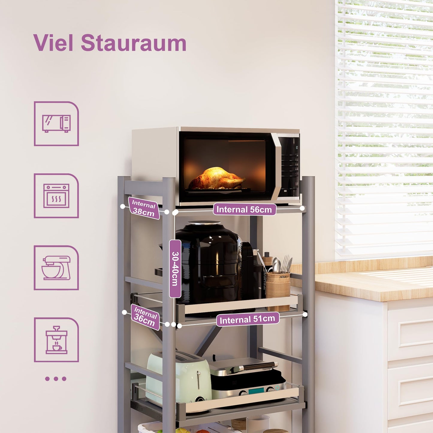 4-Tier Pull Out Kitchen Baker's Rack with Wheels, Heavy Duty Metal Microwave Stand with Storage, Adjustable Ktichen Shelves Freestanding, Rolling Utility Storage Cart (23.6''W x 49.2''H)