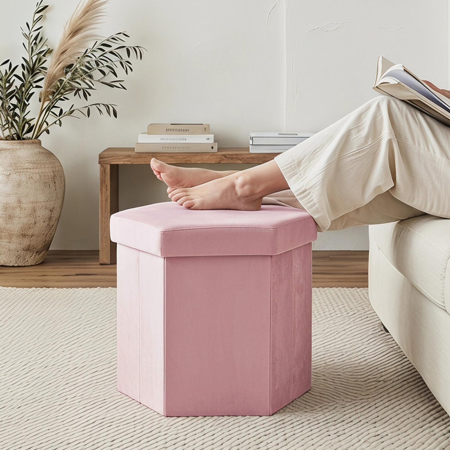 ZOLANOful Hexagon Storage Ottoman for Small Spaces, Velvet Accent Footstool with Hidden Storage, Foldable Ottoman Seat for Living Room, Bedroom, Dorm & Entryway, Blush Pink, 15 x 16.9 x 15 Inch