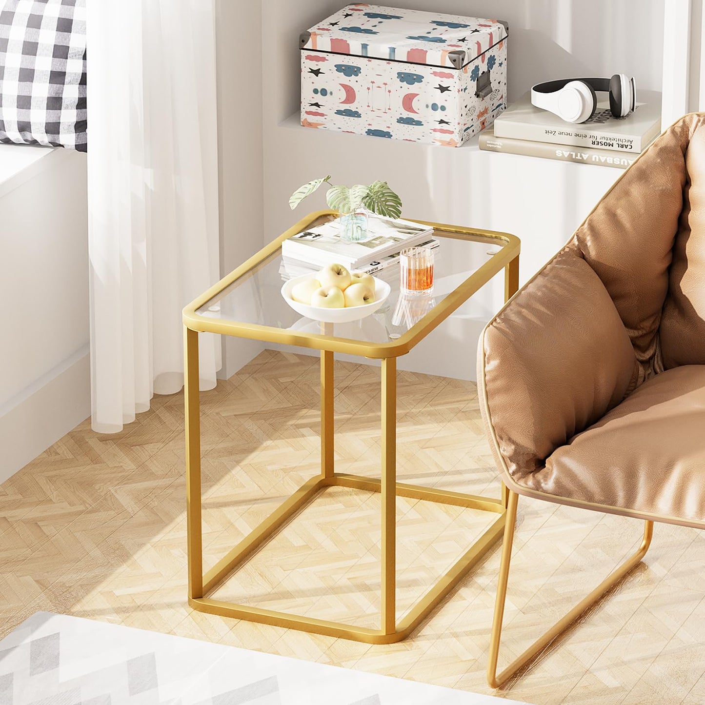 Garden 4 you Glass Side Table, Rectangle End Table with Metal Frame, Modern Bedside Table for Office, Bedroom, Living Room, Study,Small Spaces,Easy Assembly,23.6x15.7x20.8 Inches,Gold