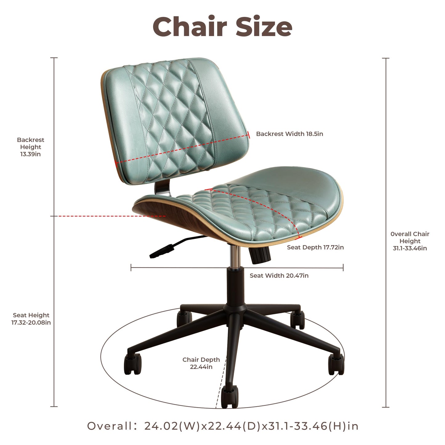 zavxzren Home Office Chair No Arms with Wheels, Armless Adjustable Height Small Desk Chair, Armless PU Leather Computer Chair Mid Back 360 Swivel, Modern Walnut, Reading Meeting Room (Green)