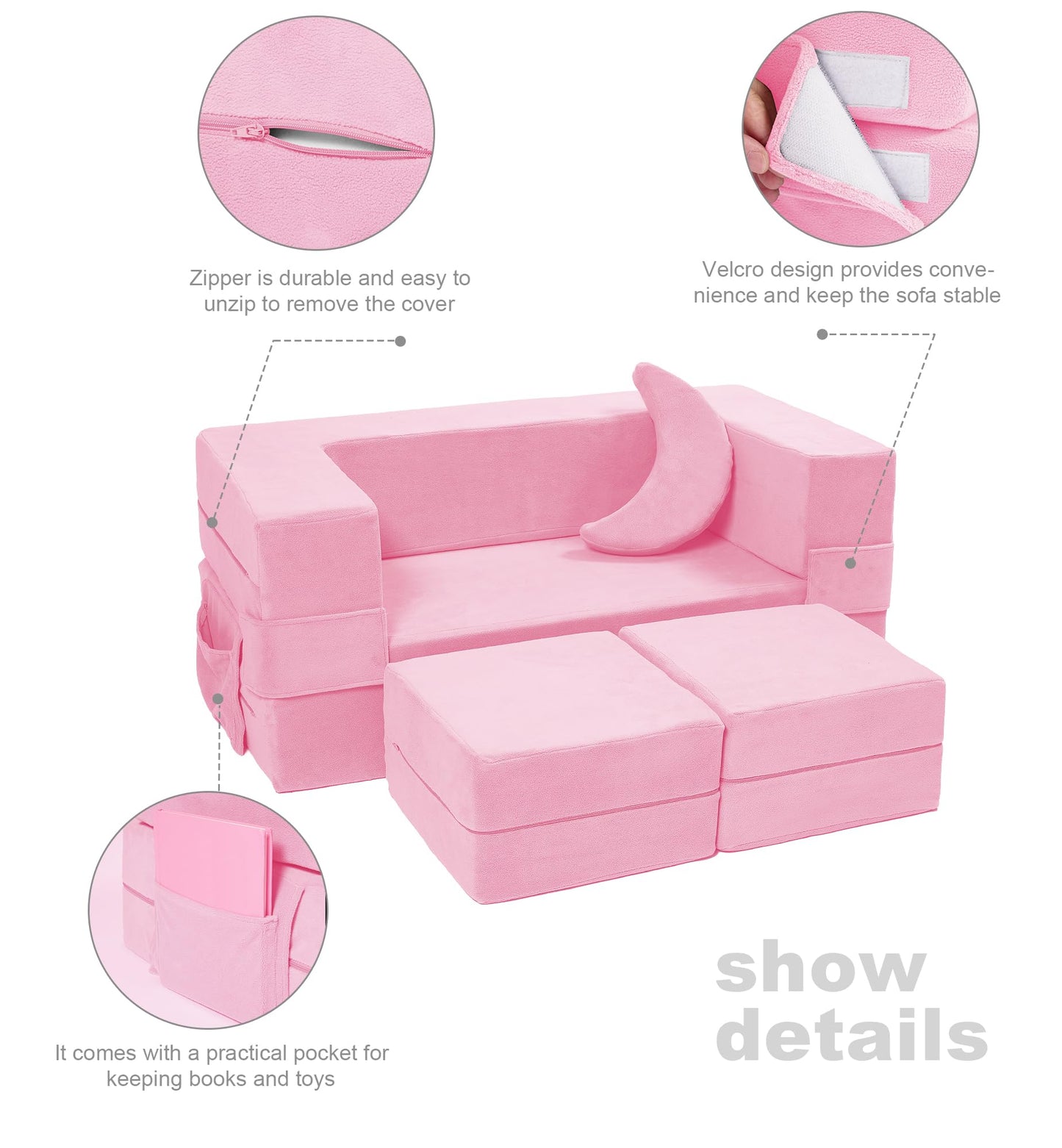 Elftopia Modular Kids Sofa,Toddler Couch Foam Armchair for Kids, Children Convertible Plush Sofa Play Set,Fold Out SofaBed(Pink)