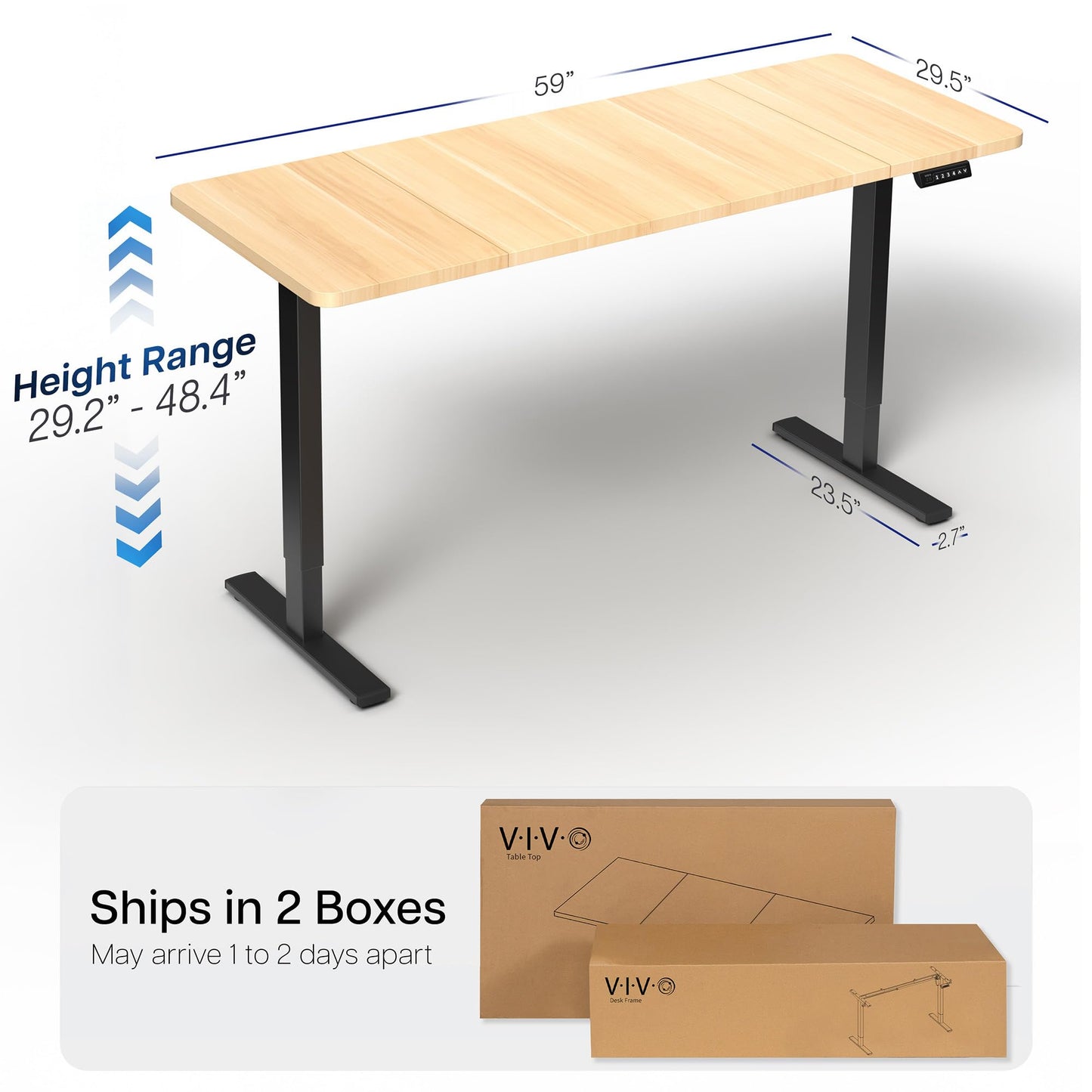 VIVO Electric 60 x 30 in Standing Desk, Memory Height Adjustment, 1B Series, Holds 220 lbs, Light Wood Top Black Frame, DESK-KIT-1B6C-30
