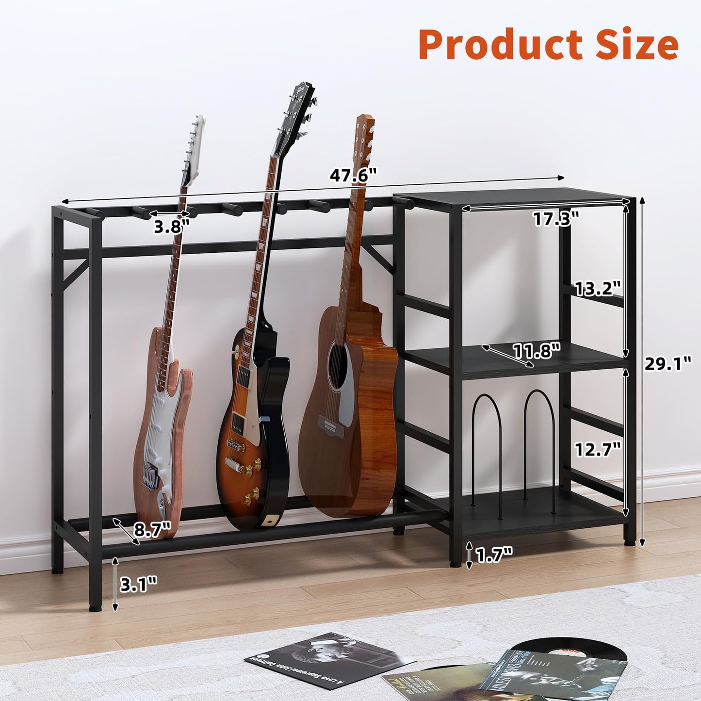 ZHNSYDN Guitar Stand with Record Player Stand, Guitar Rack with Record Player Table, Guitar Holder 7 Space for Multiple Guitars, Bass, Acoustic, Guitar Display for Home Music Studio, Black