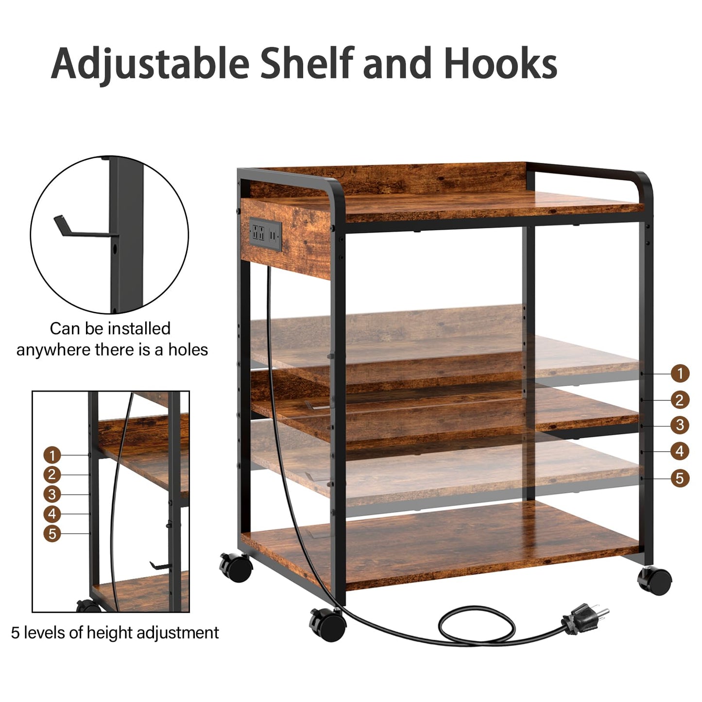 Livofloral 3 Tier Large Printer Stand with Wheels, 25.2 x 18.9 Inch Printer Stand with Power Outlet USB Port, Printer Table with Adjustable Storage Shelf for Home Office, Rustic Brown