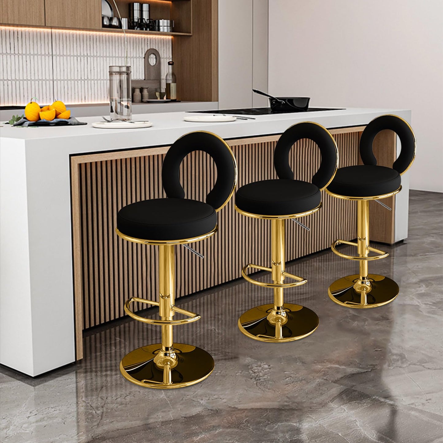 Adjustable Stool with Faux PU Leather for Kitchen Gold Chairs- of 1 (Black Set of 2)