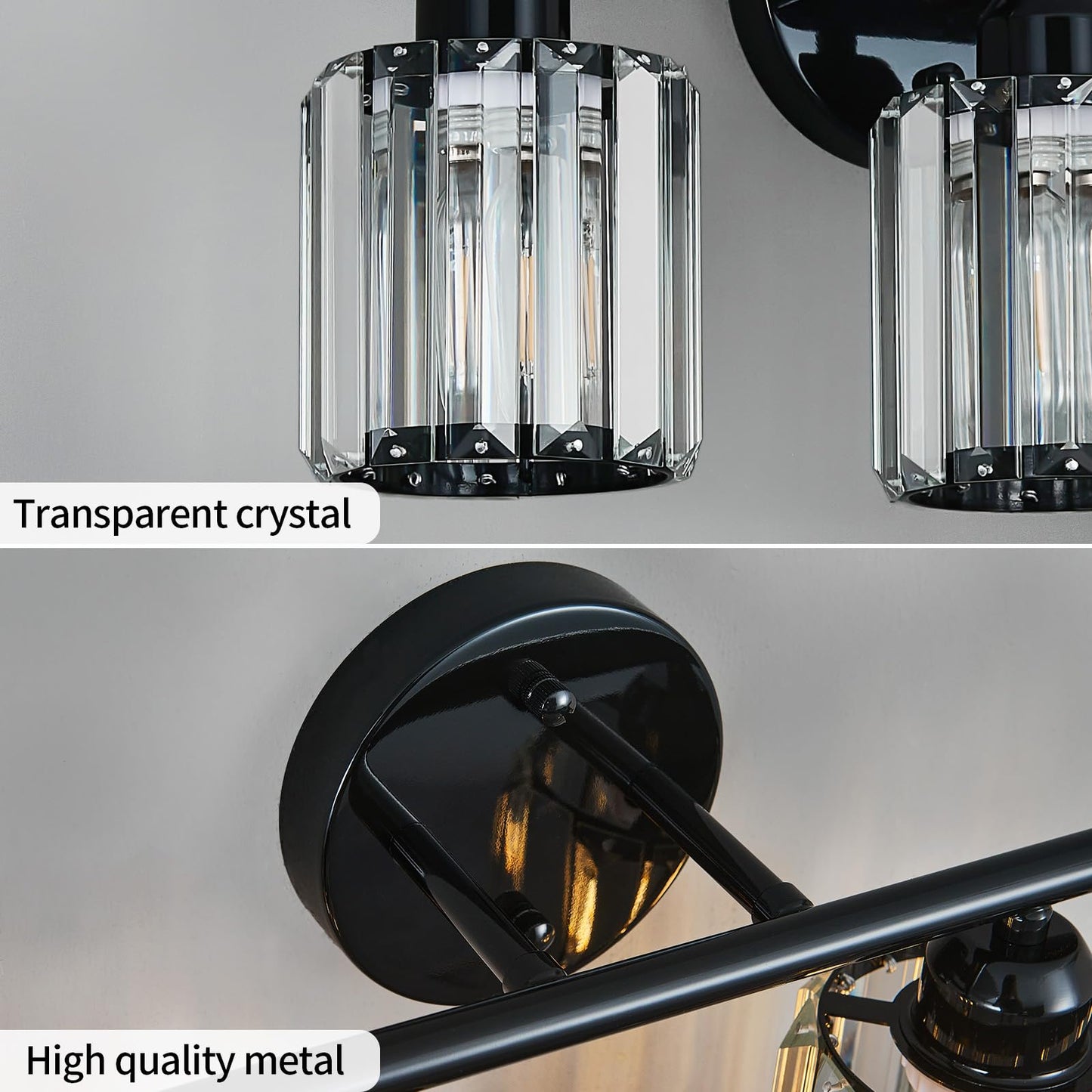 FDPBY Modern 4 Light Crystal Vanity Light, Plating Black Vertical Bathroom Light Fixture Over Mirror for Dressing Table Sink, Compatible with Dimmable Bulbs (Bulbs Not Included)