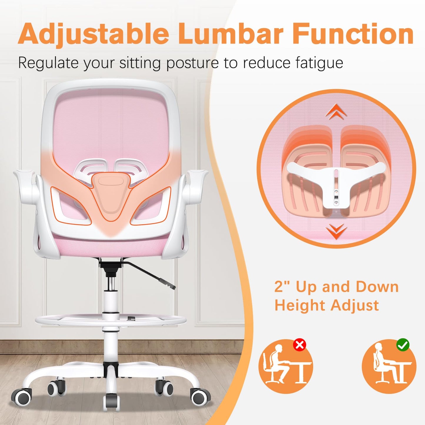 ORRSAKER Drafting Chair, Tall Office Chair with Flip-up Arms, Mesh Ergonomic Computer Standing Desk Chair with Adjustable Height Foot Ring and Lumbar Support, 300 LBS Capacity, Pink