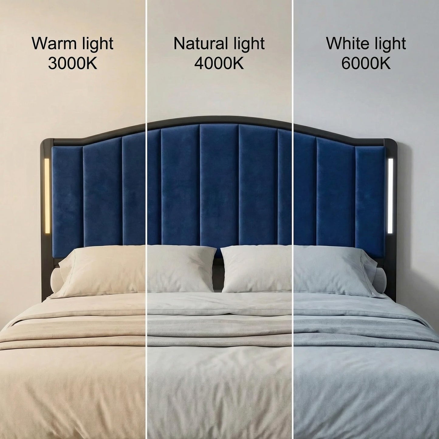 Salamir Headboard for Queen Size Bed with LED Lights, Upholstered Vertical Channel Tufting Head Boards, Velvet Headboard Only, Attach Frame, Ideal for Bedroom, Dorm, Guest Room, Blue