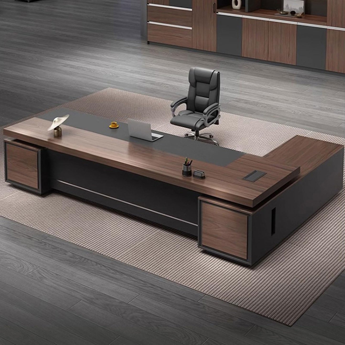 LSIGHTUS 71" Brown Large Modern Executive Office Desk, Wood Computer Desk with Lateral Cabinet Writing Study Table Business Furniture Set for CEO or Home