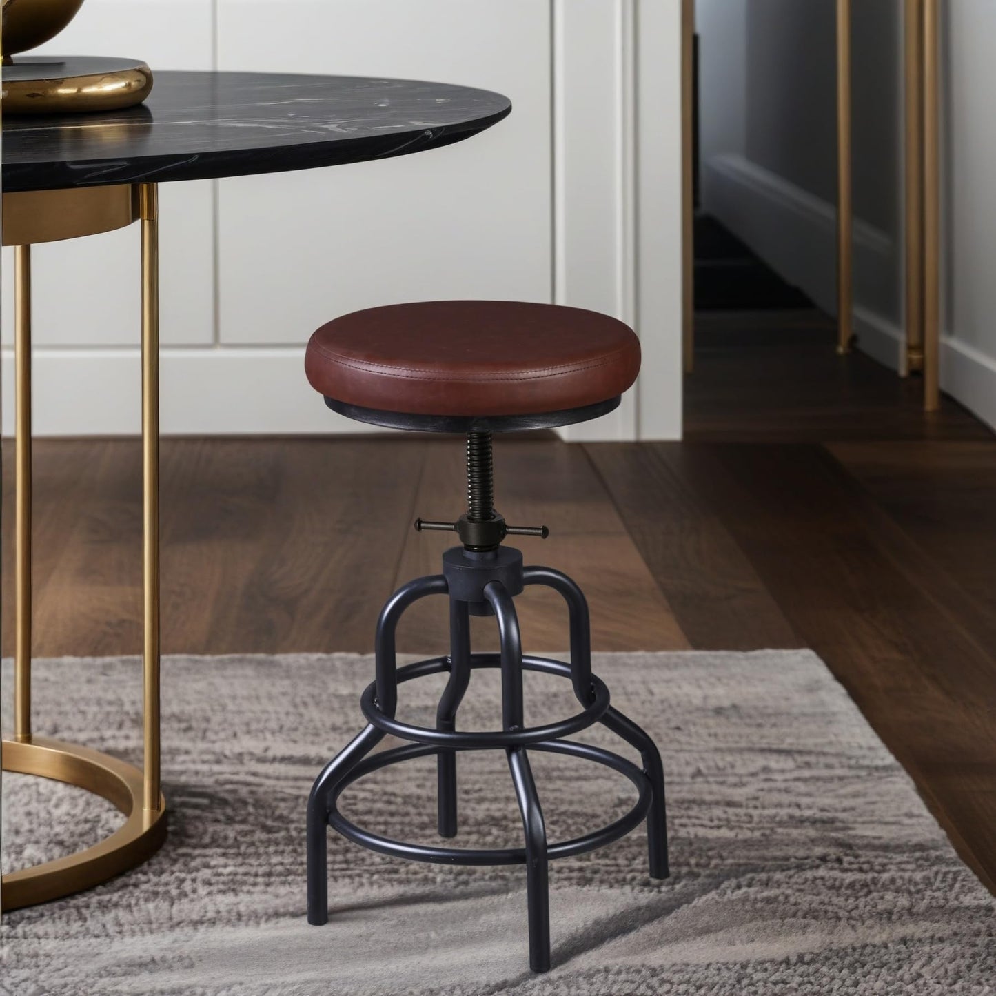 LOKKHAN Industrial Bar Stools-Swivel Leather Metal Bar Stool-20-27 Inch Tall Counter Height-Adjustable Kitchen Stool Dining Chair Cafe Stools (Set of 2)