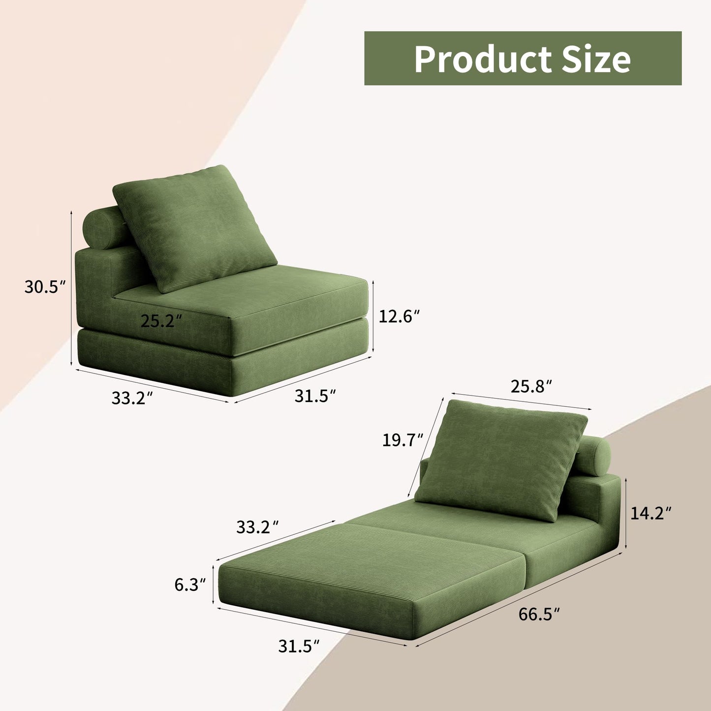 Lumbershed Folding Sofa Bed, 3-in-1 Convertible Sleeper Chair Bed with Pillows, Foldable Floor Couch with High-Density Foam, Futon Small Boneless Couch for Living Room Bedroom Lounge, Single, Green