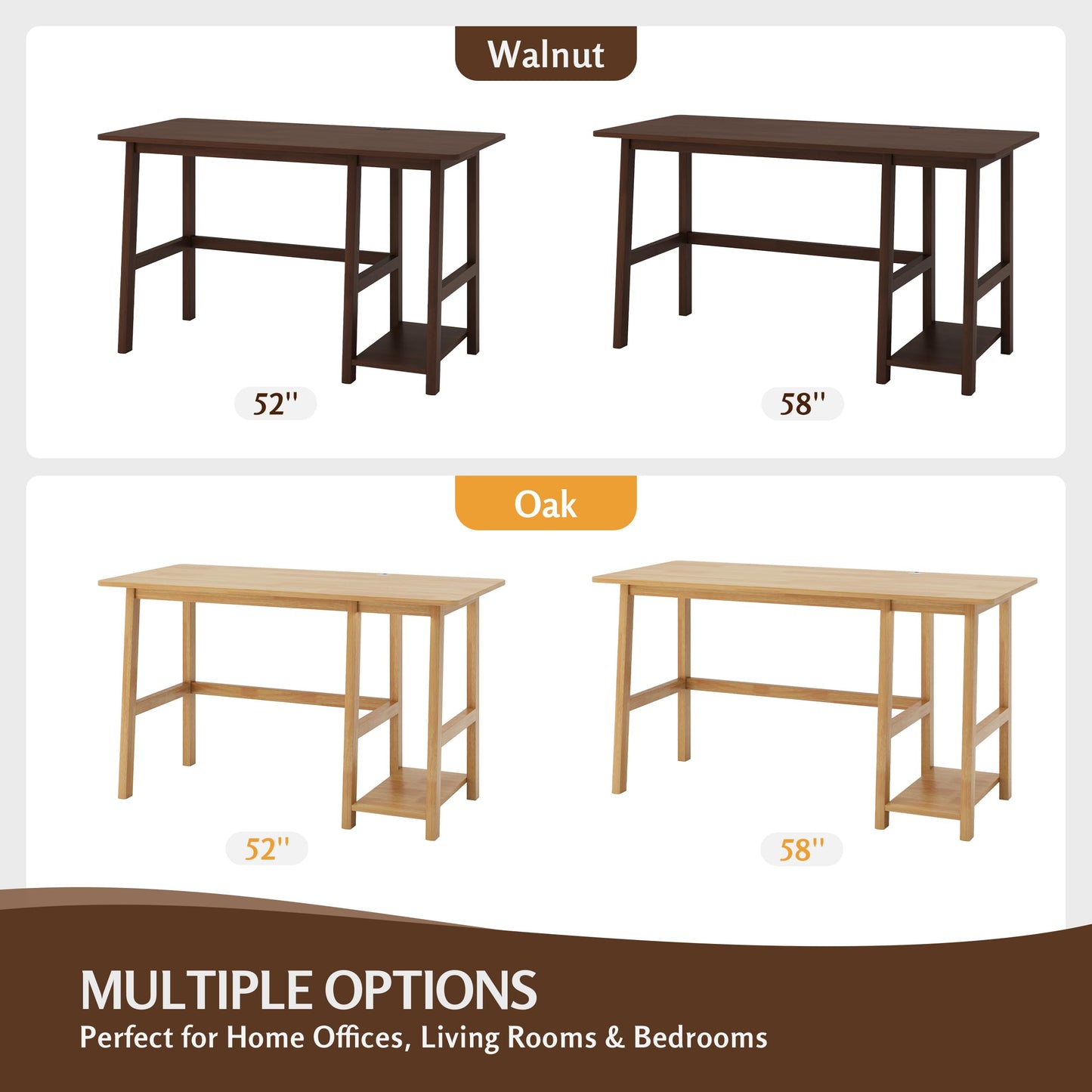 NELYE Solid Wood Computer Desk - 52" W x 24" D Modern Minimalist Table with Shelf，Sturdy Computer Workstation for Home Office, Walnut