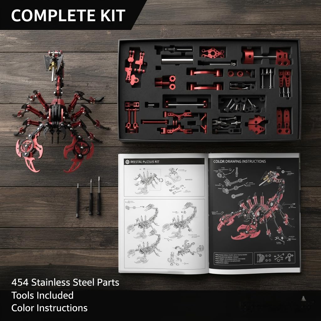 Scorpion 3D Metal Puzzles for Adults, 454PCS Stainless Steel DIY Mechanical Model Kit, No Glue Assembly with Movable Joints, Challenging Metal Building Kit Desk Decor Gift (Black-Glod)