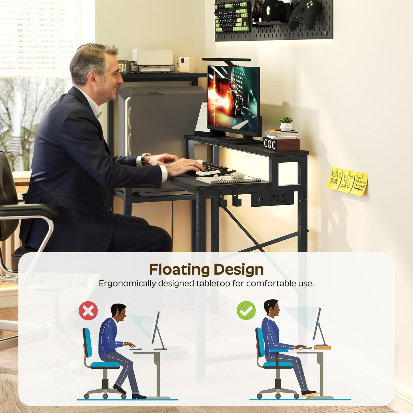 YATINEY Small Computer Desk with LED Light and Power Outlet, Small Gaming Desk with Monitor Stand, Reversible Game Table with 2 Side Hooks, Home Office Desk for Living Room, Bedroom, Black DN06UDBB