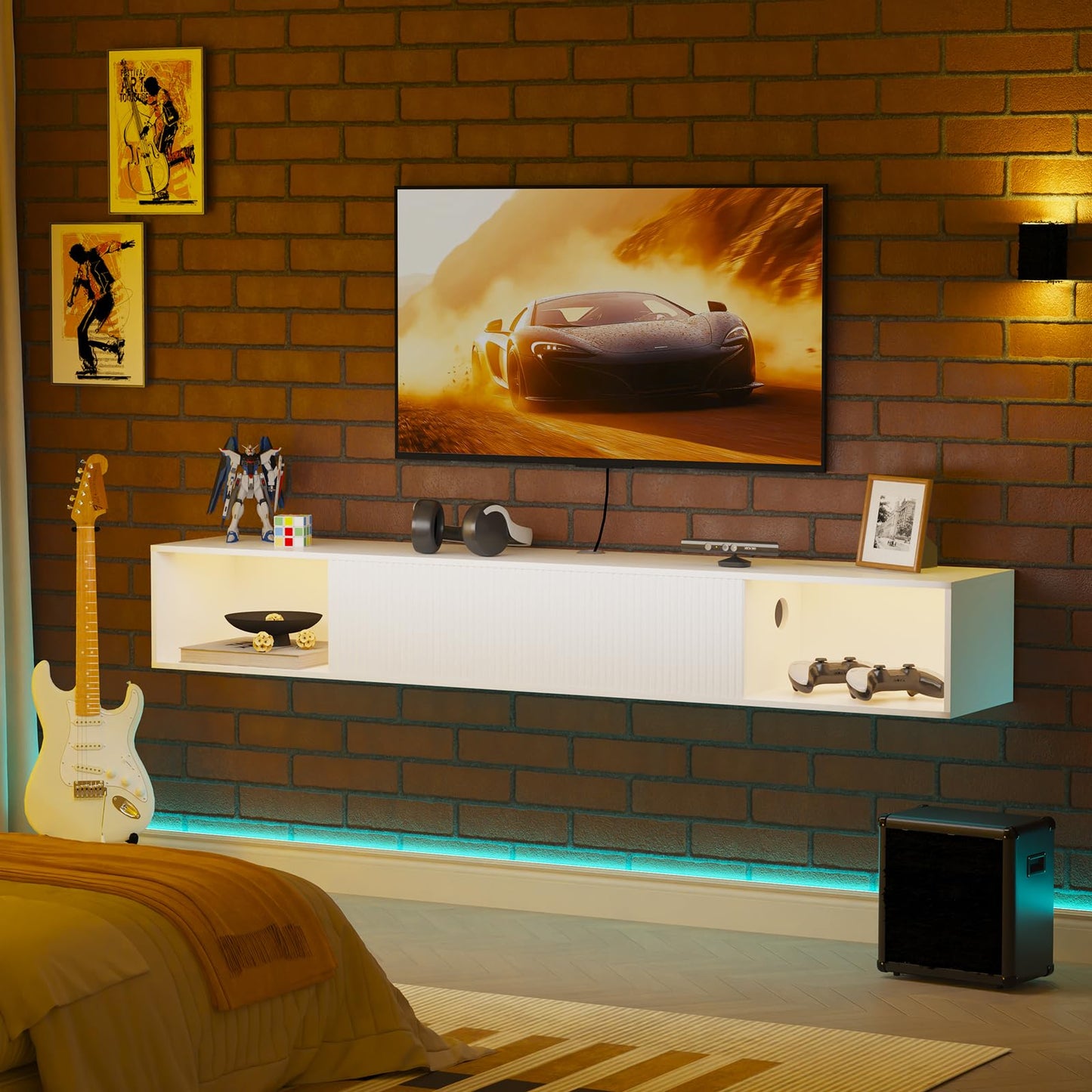 Katrawu 55" Floating TV Stand with LED Light, Floating TV Stand Wall Mounted, Floating Entertainment Center with Storage Long for Bedroom, Wood Floating TV Shelf for Living Room (White)