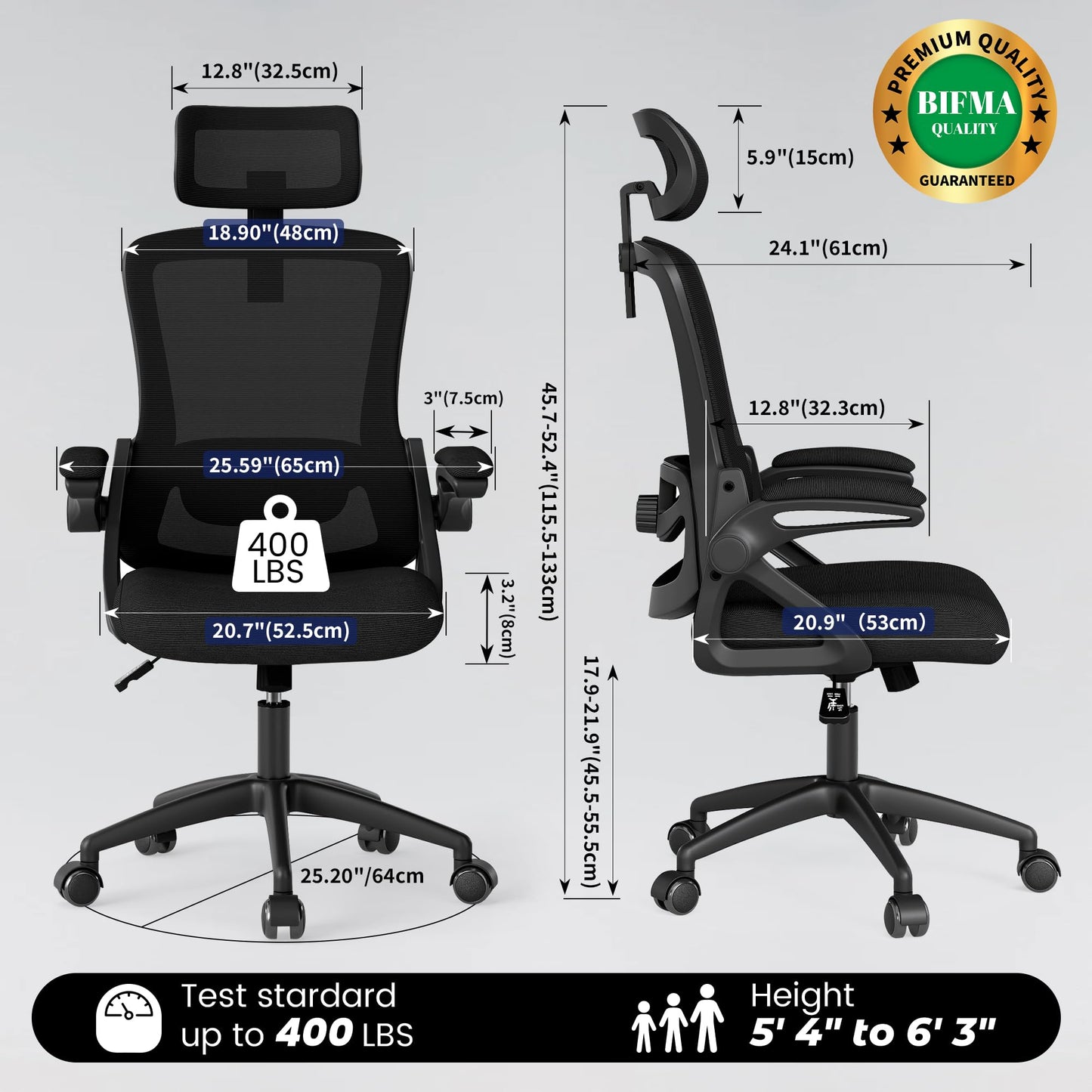 Fizzin Office Chair, Ergonomic Office Chair with High Back Mesh and Adjustable Lumbar Support, Home Mesh Office Desk Chairs with Wheels, Comfortable Gaming Chair for Long Hours (Deep Black)