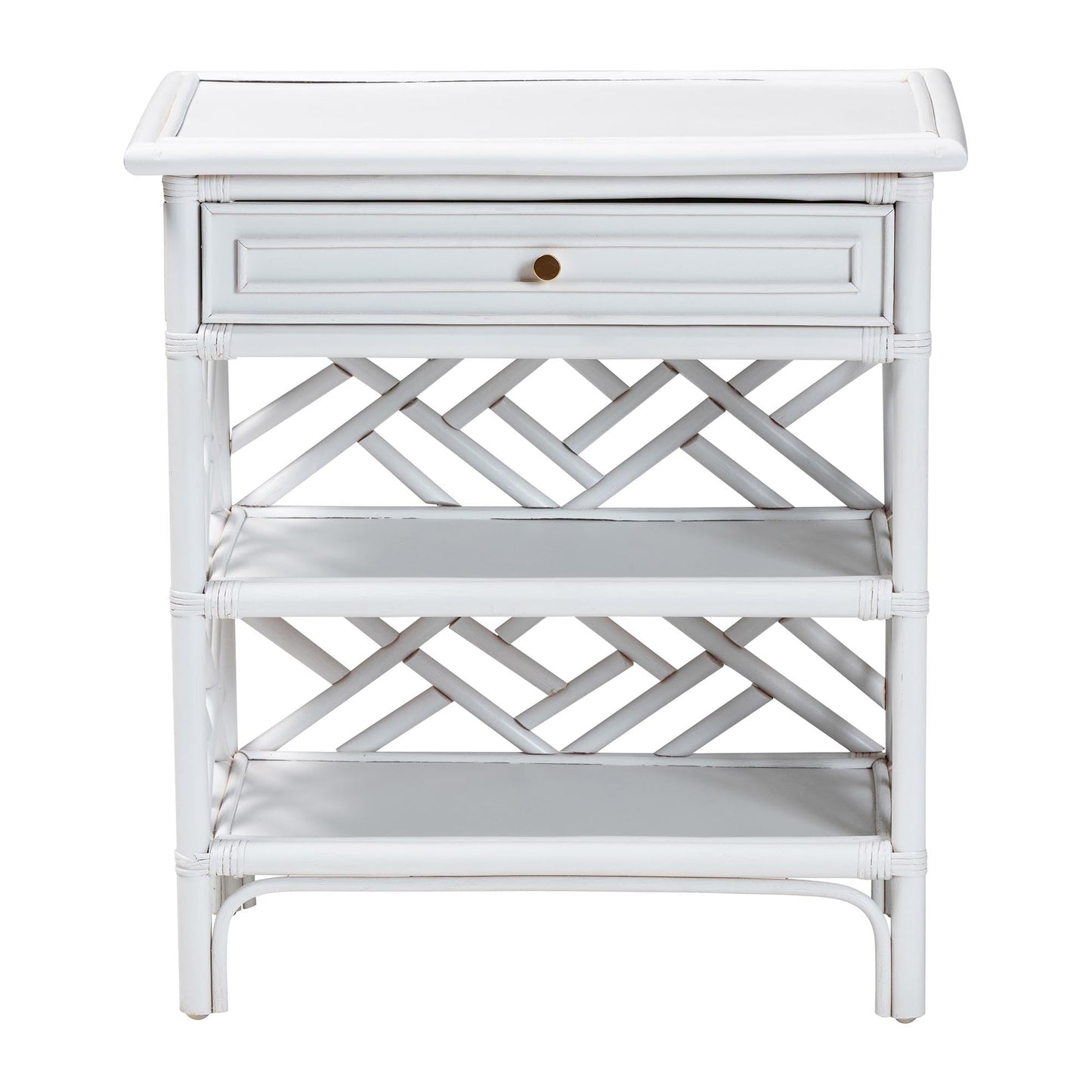 bali & pari Tiaret Natural Rattan Nightstand with Drawer and Shelves – Chippendale-Style Bedside Table for Bedroom or Coastal Living Spaces, White, 1-Drawer, 24-inch Wide