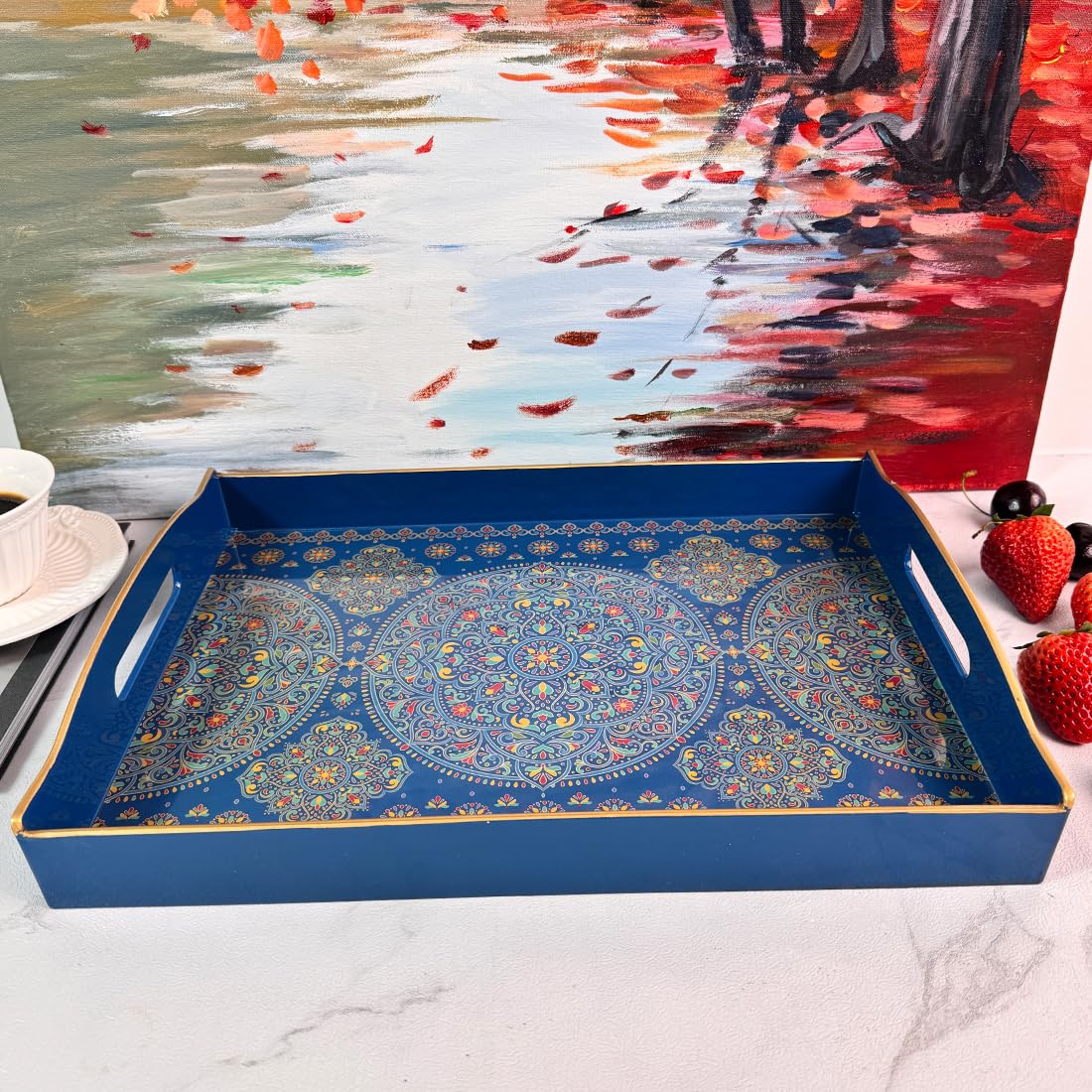 Umisriro Boho Blue Decorative Tray, Serving Tray with Handles, Plastic Tray for Coffee Table, Ottoman - Ideal for Living Room & Bathroom. 15” x 11” x 2.5”