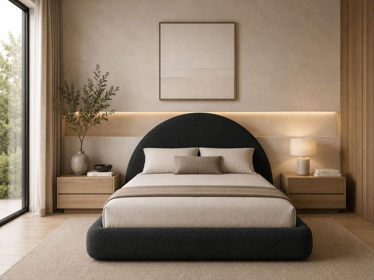 Cloud Frame Round Bed – Washable Zip Cover - Upholstered Linen Soft Foam - Modular Minimalist Modern - Half Circle Moon - Sold Sold Separately (Waterproof Black Linen, King Base)