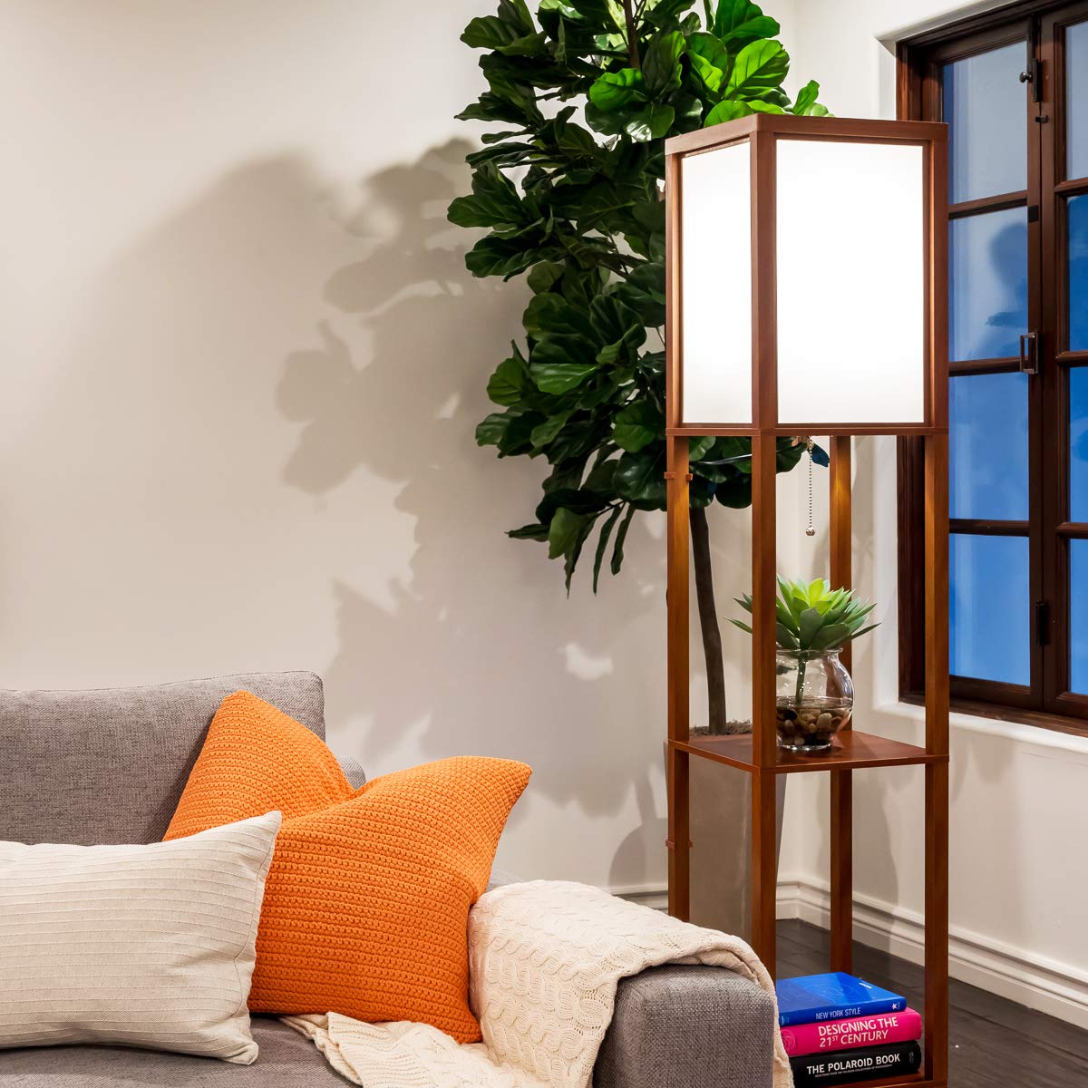 Brightech Maxwell - Modern Shelf Floor Lamp with Lamp Shade & Warm White LED Bulb, Corner Display Floor Lamp with Shelves for Living Room, Bedroom, Nightstand Office, Home Decor Storage - Havana Brown