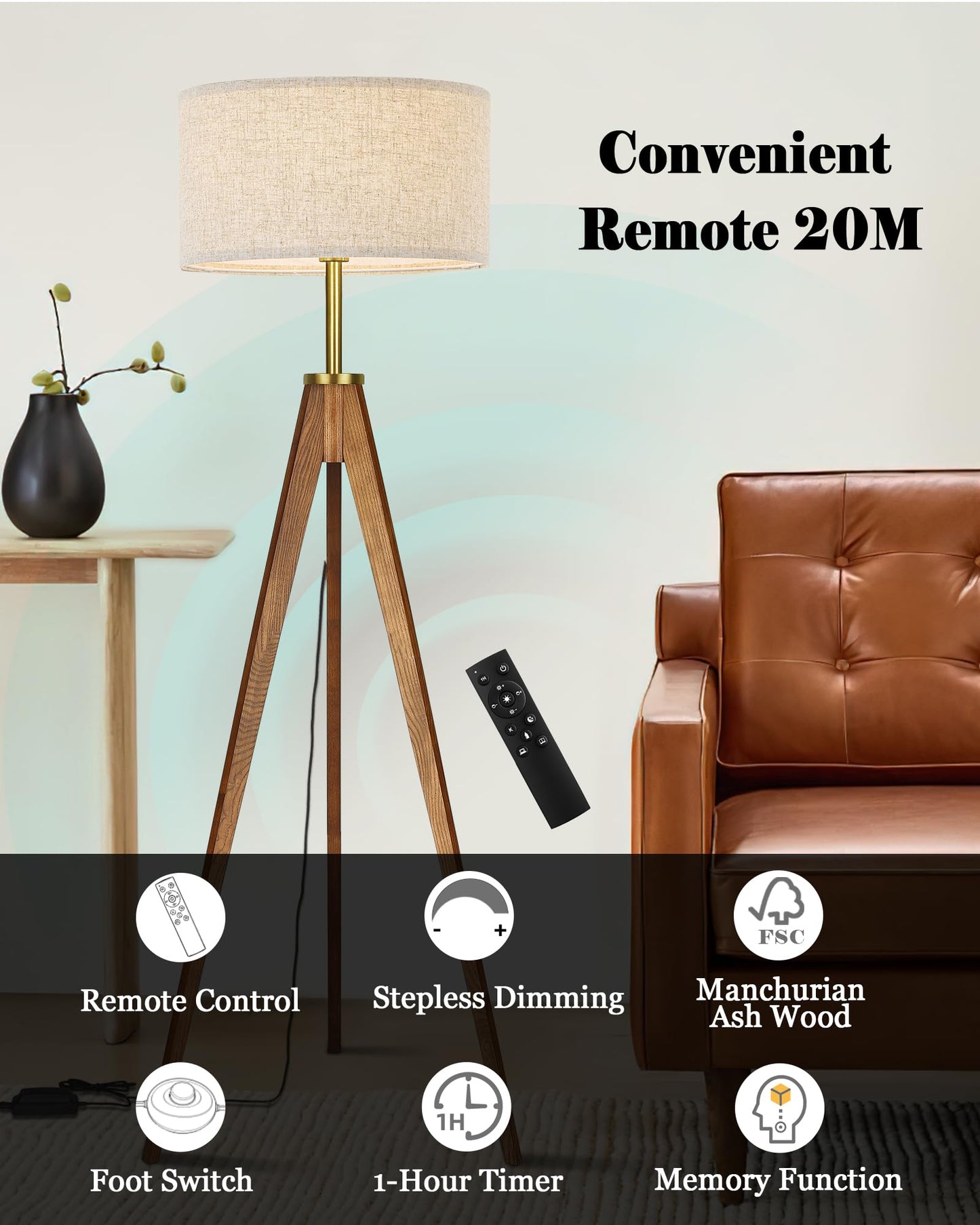 ELYONA Floor Lamp for Living Room, Solid Ash Wood Tripod Floor Lamp with Remote Control, Stepless Dimmable Standing Lamp for Bedroom, Office, Tall Lamp with Linen Shade, Mid Century Modern & Farmhouse