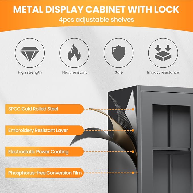 Locking Display Cabinet with Glass Door, 71”H Metal Curio Cabinets with