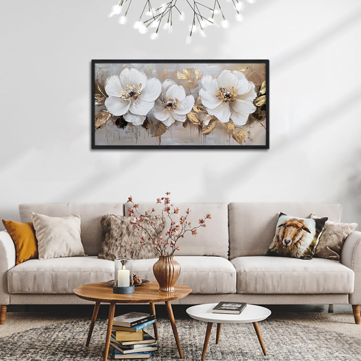 Large Framed Cream White and Gold Abstract Floral Paintings Modern Canvas Wall Art Flower Print Artworks for Home Office Decor