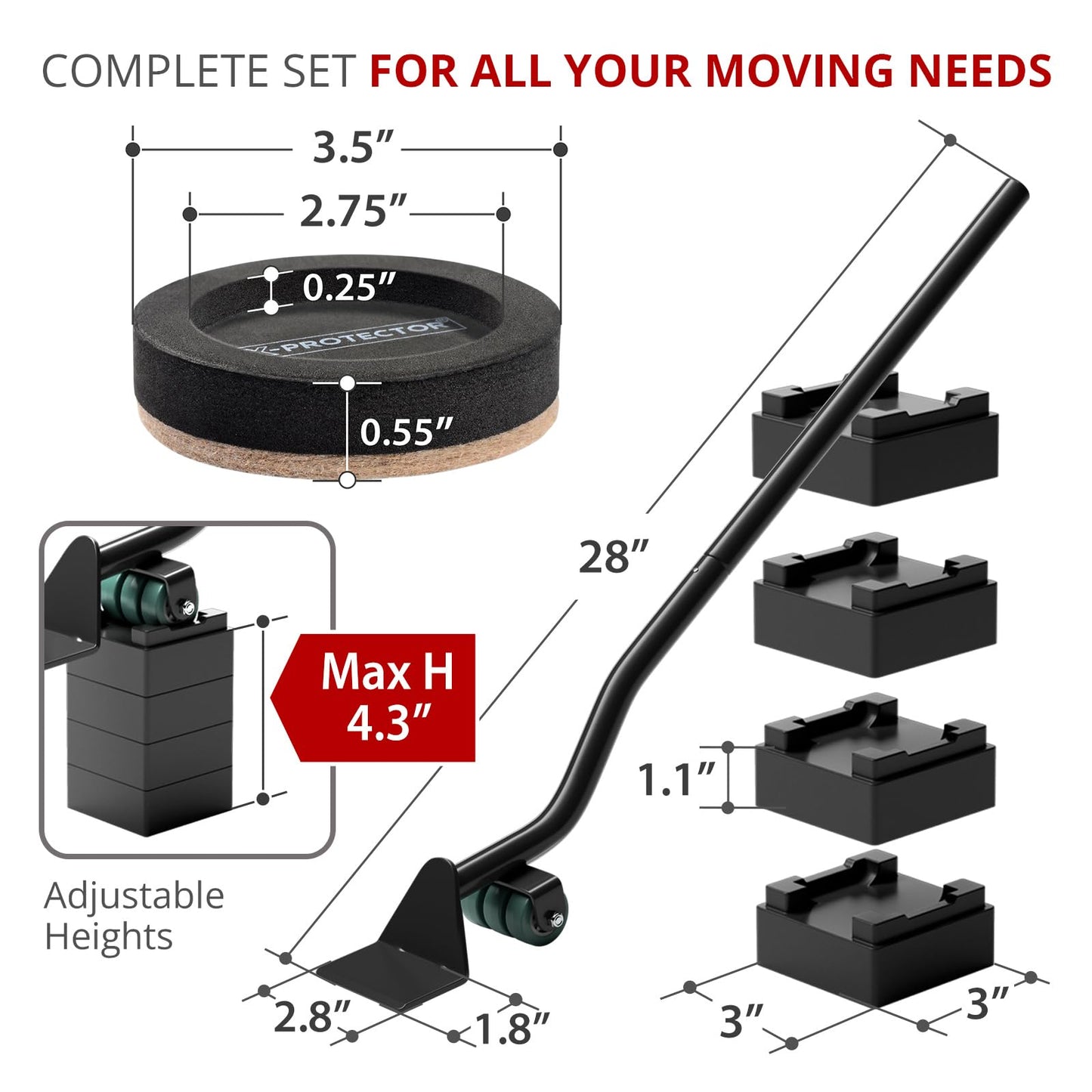 X-Protector Felt Furniture Sliders for Hardwood Floors & Furniture Lifter Tool Set - 4 PCS 3 1/2" Sliders for Furniture with Furniture Jack. Move Your Furniture Easily with Premium Furniture Movers!