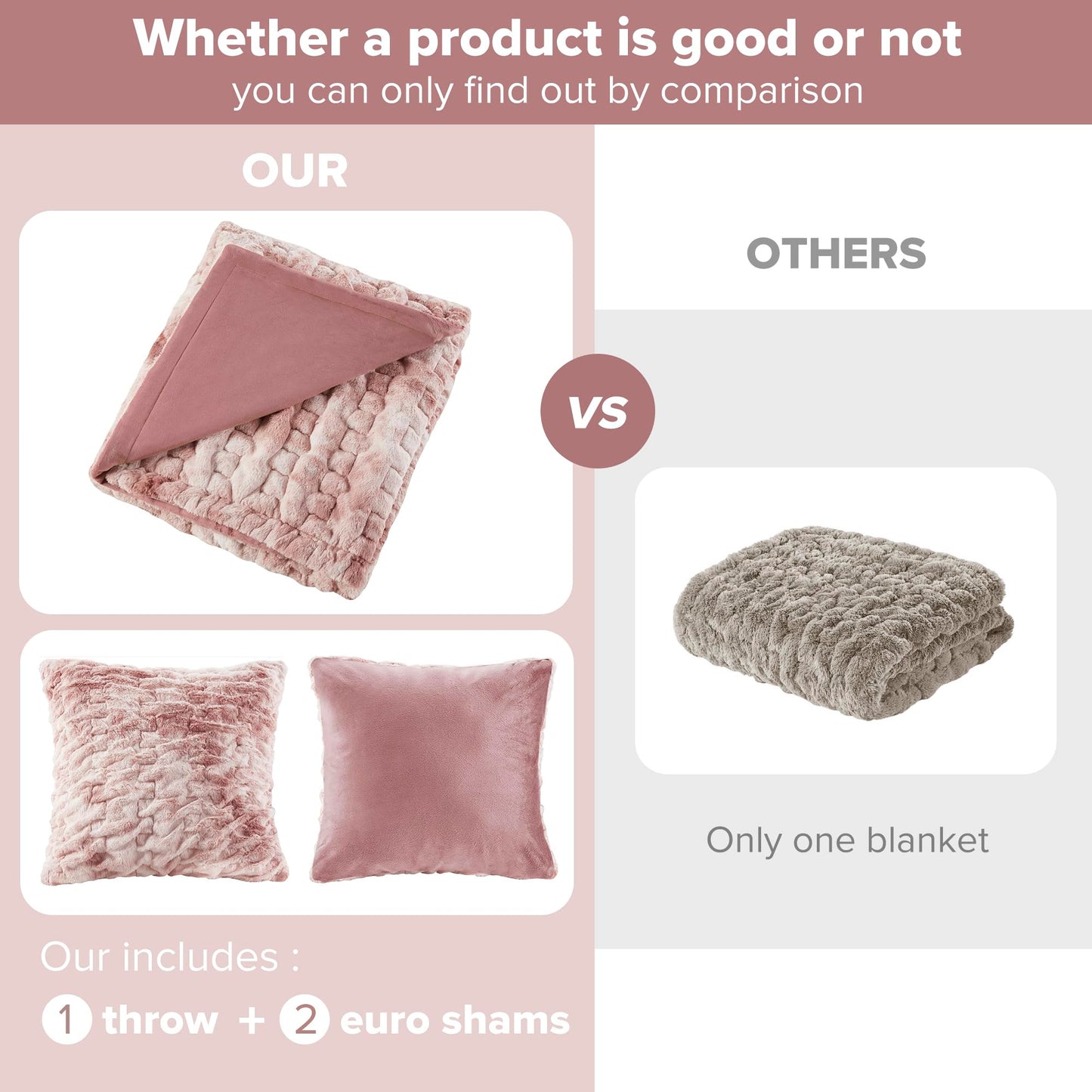 Comfort Spaces Ruched Faux Fur Plush Throw Blanket and Pillow Set with 2 Matching Square Pillow Covers Sofa Throw Blanket for Living Room, Chair, Couch, Home Office Fuzzy Soft Blush Tie Dye 50"x 60"