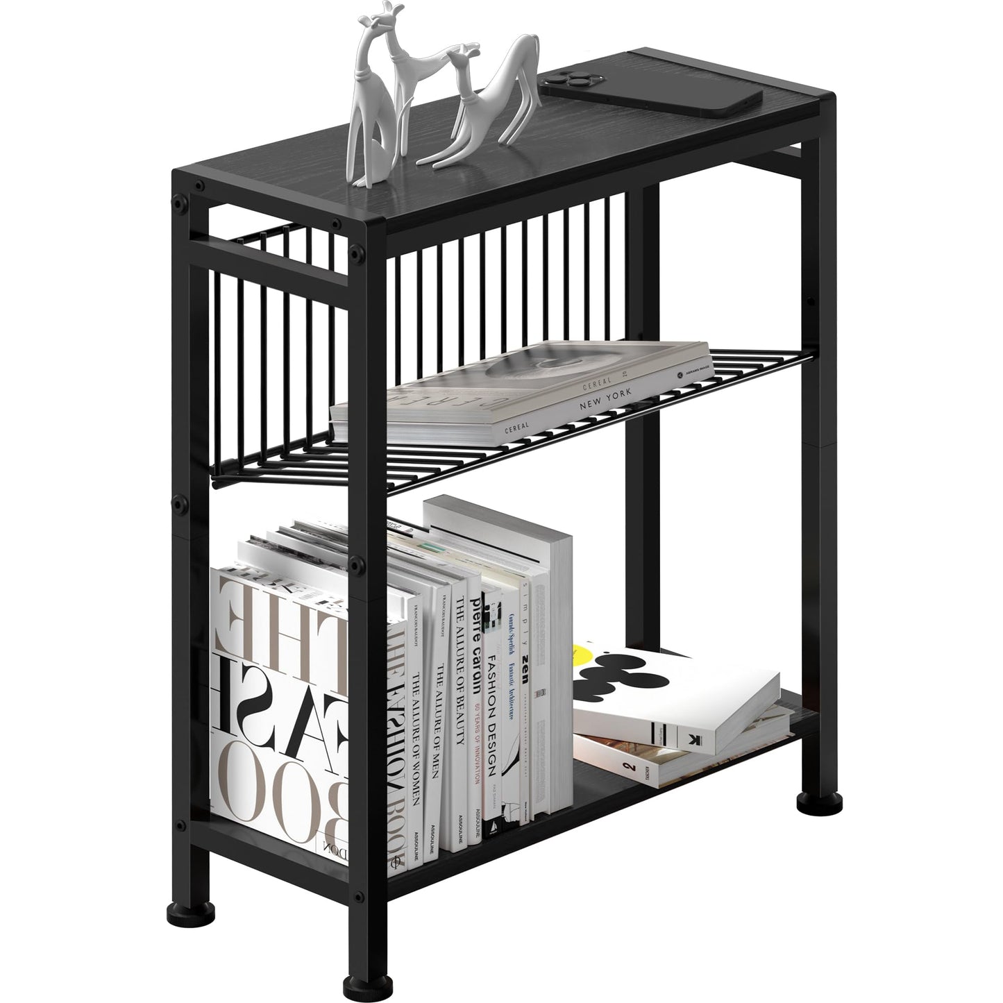 Lifenite Side Table for Small Spaces, Narrow End Table with Adjustable V-Shaped Magazine Rack, 7.1"D x 17"W x 21.7"H, Black