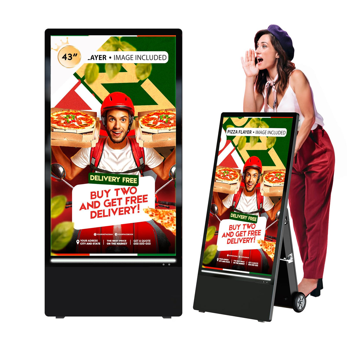 QIXZOCV MWE 43 Inch Outdoor Digital Signage Display, Portable Battery Powered High Brightness Screen Advertising Display Kiosk, Movable Waterproof Standing Poster, Android OS