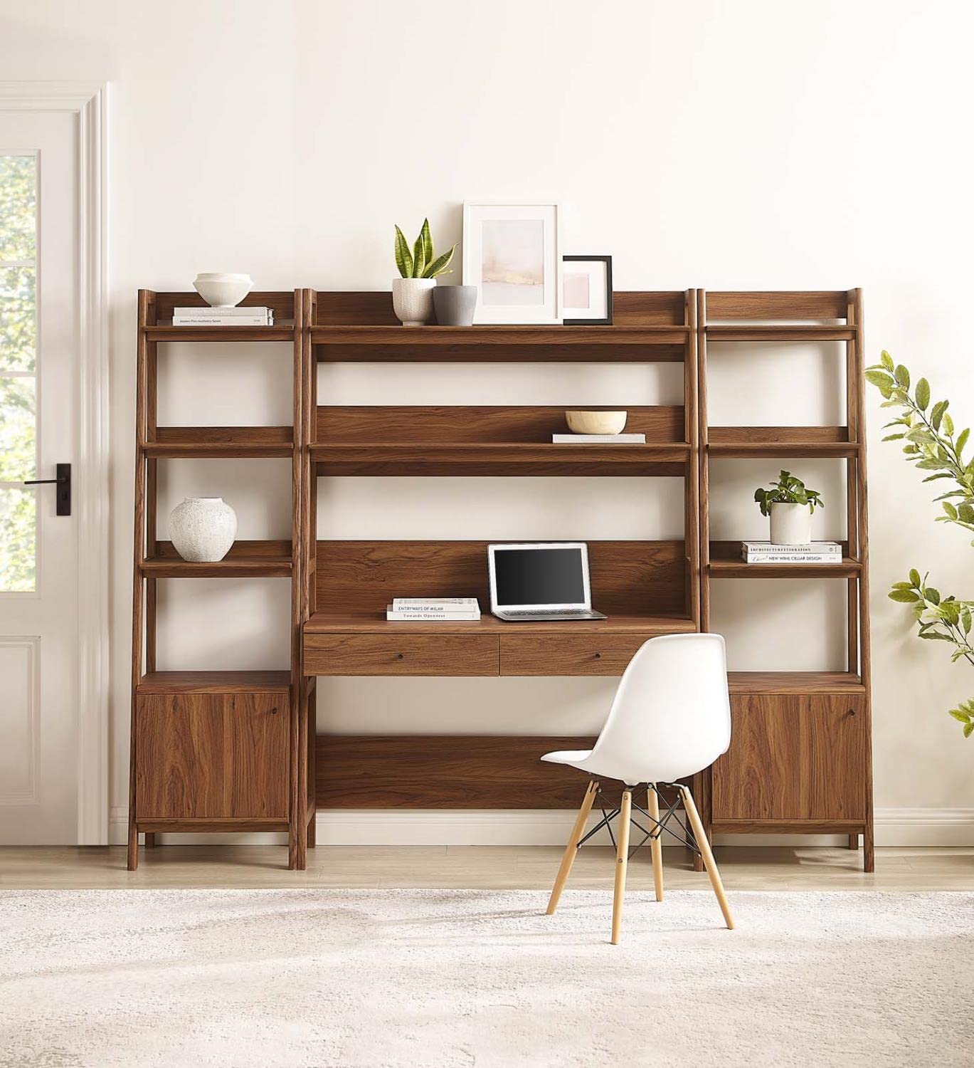 Modway 3-Piece Home Office Desk and Bookshelf Display Case in Walnut