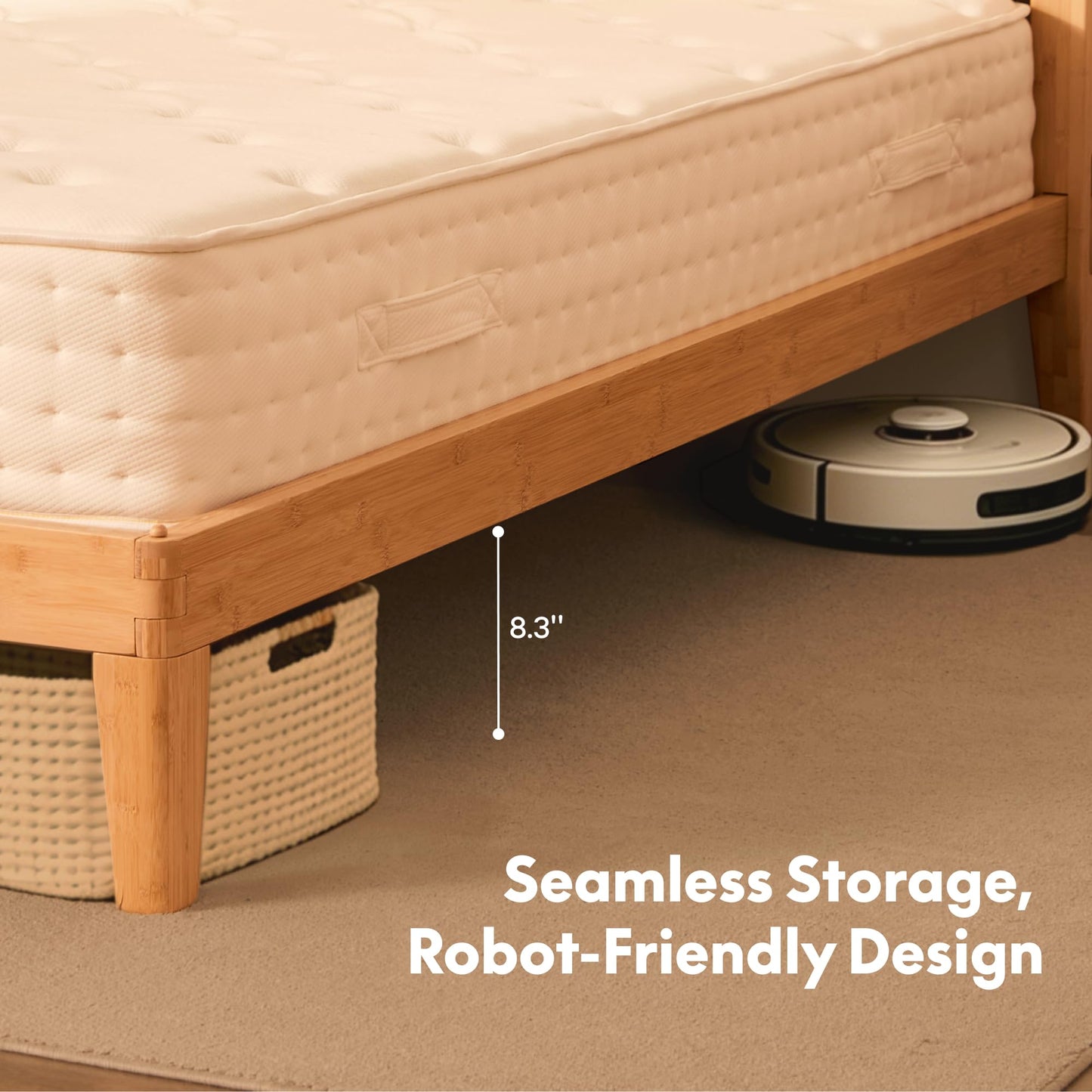 FLEXISPOT Hako G4 Queen Bamboo Platform Bed Frame with Charging Storage Headboard, Japanese Joinery Bed Frame, Built-in Night Light, Minimalist Style, Quick Assembly, 1300 lbs Capacity, Natural
