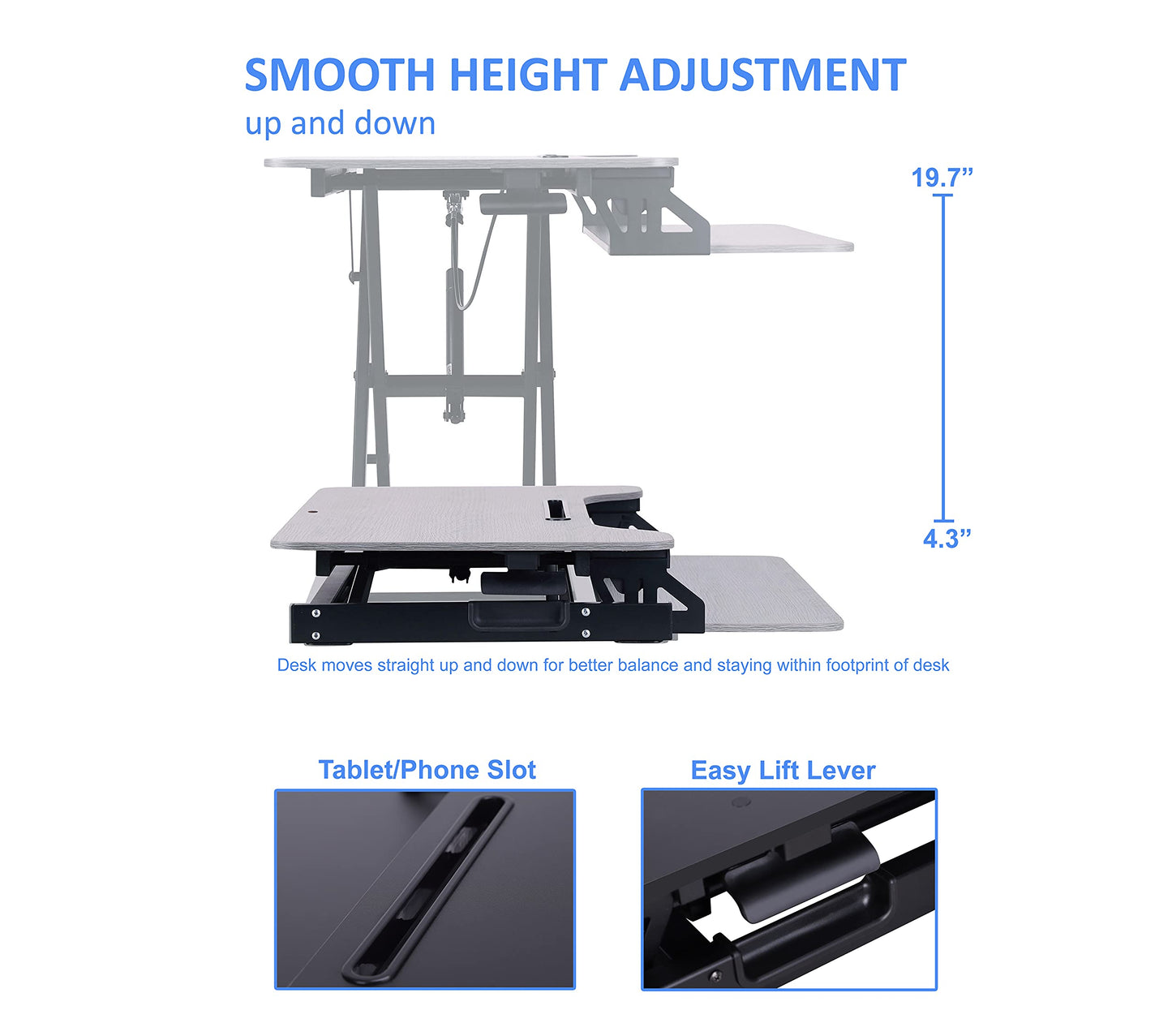 Rocelco Standing Desk Converter with Dual Monitor Mount - 31.5 Inch Sit Stand Up Tabletop Riser with Tablet Holder, Height Adjustable Workstation - Deep Keyboard Tray for Laptop - Gray (R VADRG-DM2)