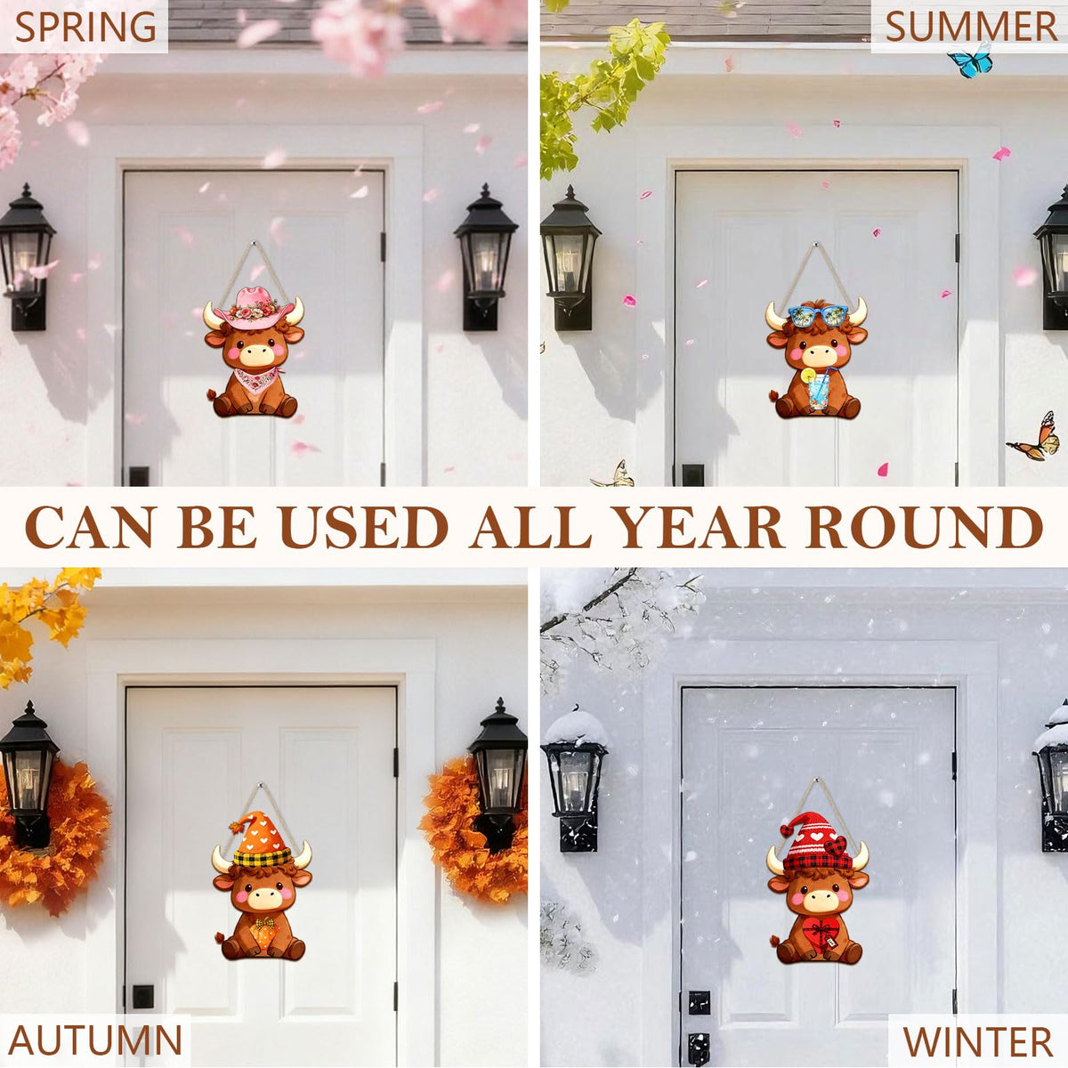 Interchangeable Wooden Highland Cow Decorations, Christmas Hanging Wall Door Decor, Holiday Seasonal Decor and Detachable Hats Welcome Sign, Farmhouse Hanging Sign for Front Door, 32 PCS