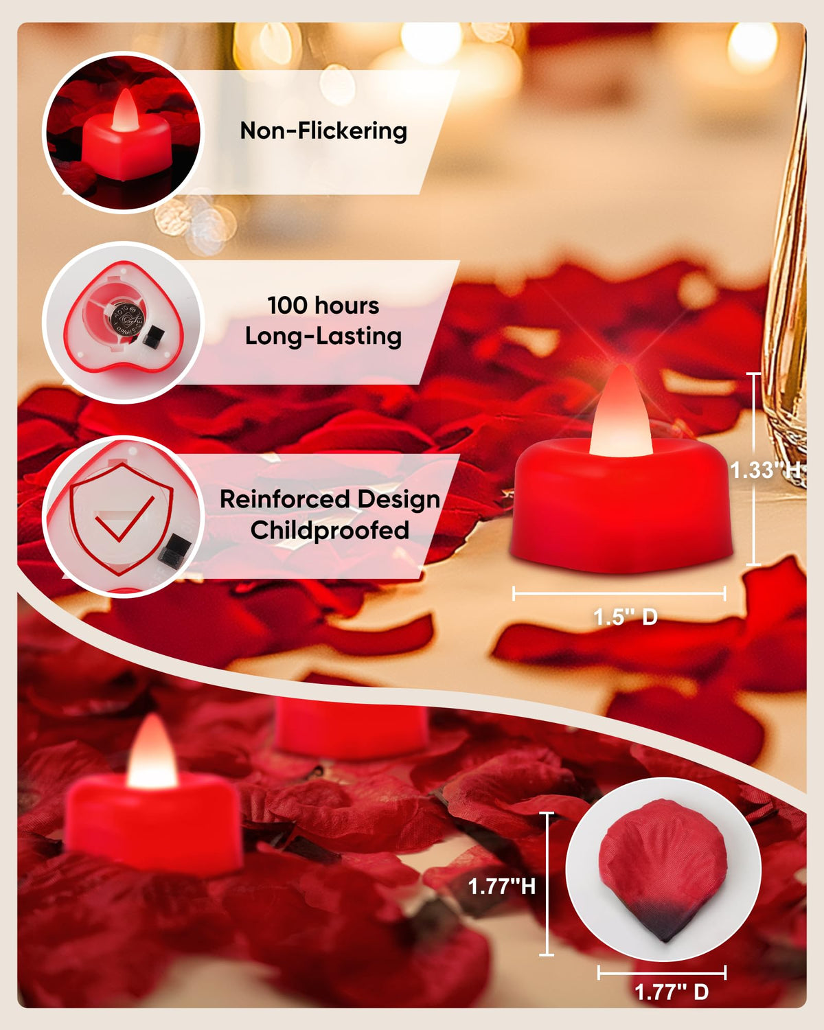Amagic 2000 Pieces Red Artificial Rose Petals with 24 Red Heart LED Tea Lights, Rose Petals and Candles Set for Proposal, Anniversary, Romantic Night, Wedding Decor