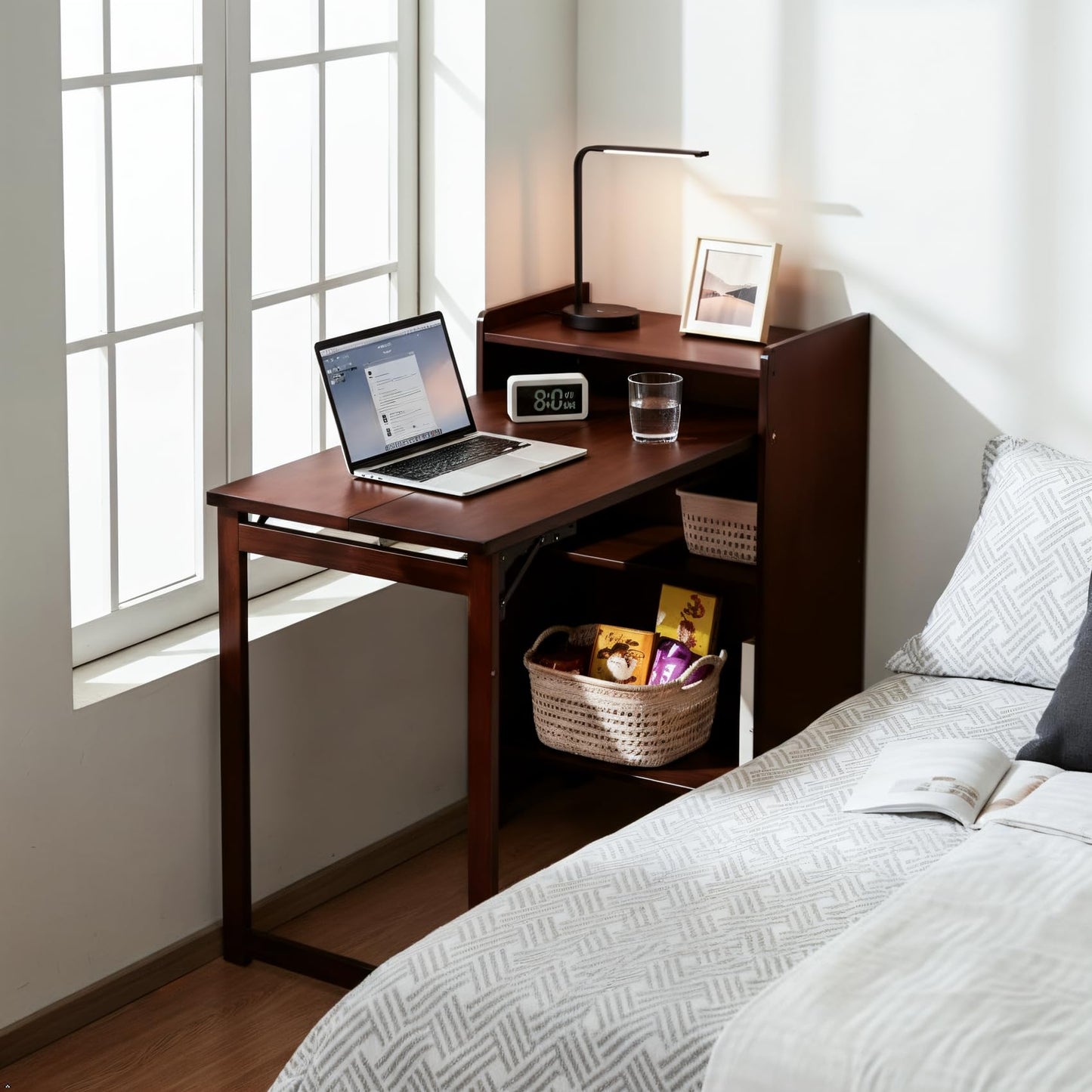 METALBEE Bamboo Folding Desk with Storage, Mid Century Fold Out Table, Space Saving Foldable Desk for Small Spaces, Multi-Functional Computer Desk for Home Office, Bedroom, Apartment & Dorm