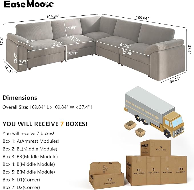 EASE MOOSE Oversized Sectional Modular Sofa, L Shape Sectional Couch Wide Deep