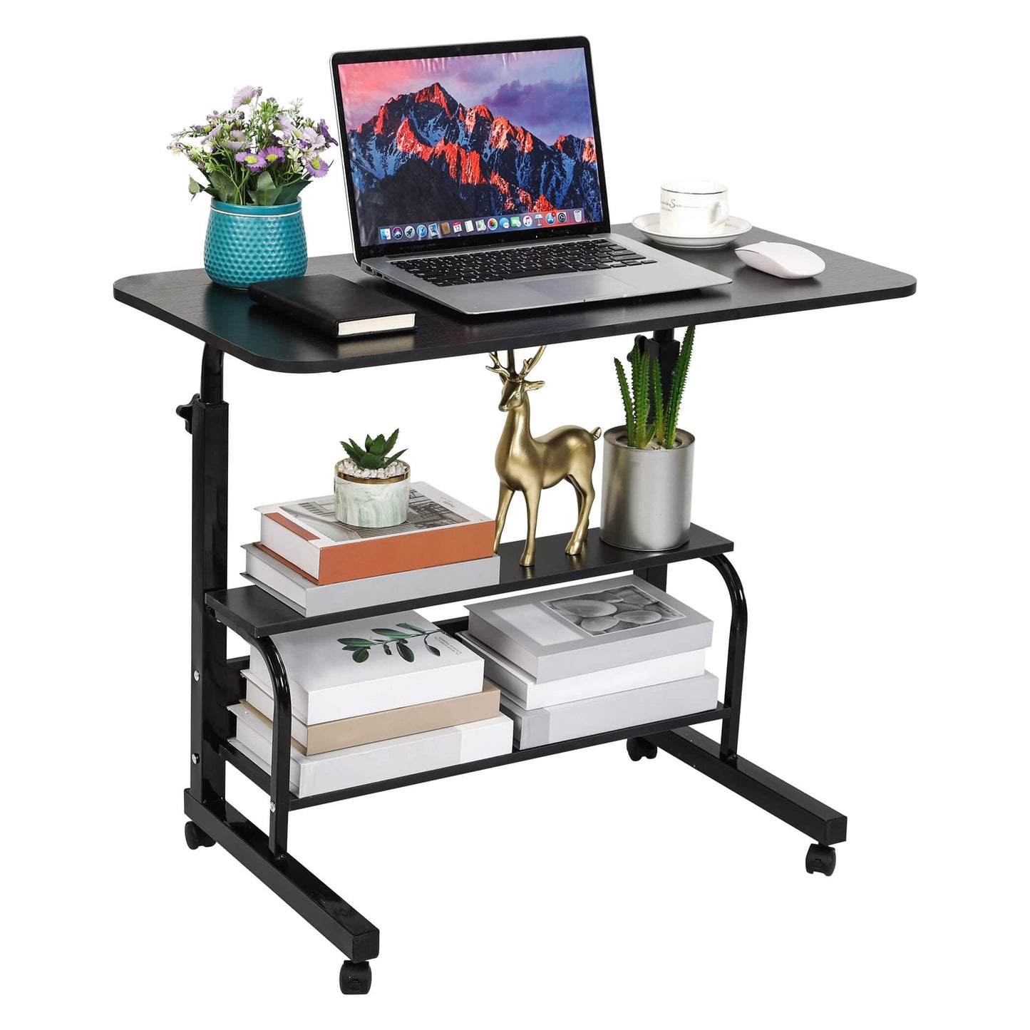 Fawabriyj Adjustable Laptop Standing Desk - Mobile Rolling Computer Workstation for Small Spaces, Portable Home Office Desk with Storage Black