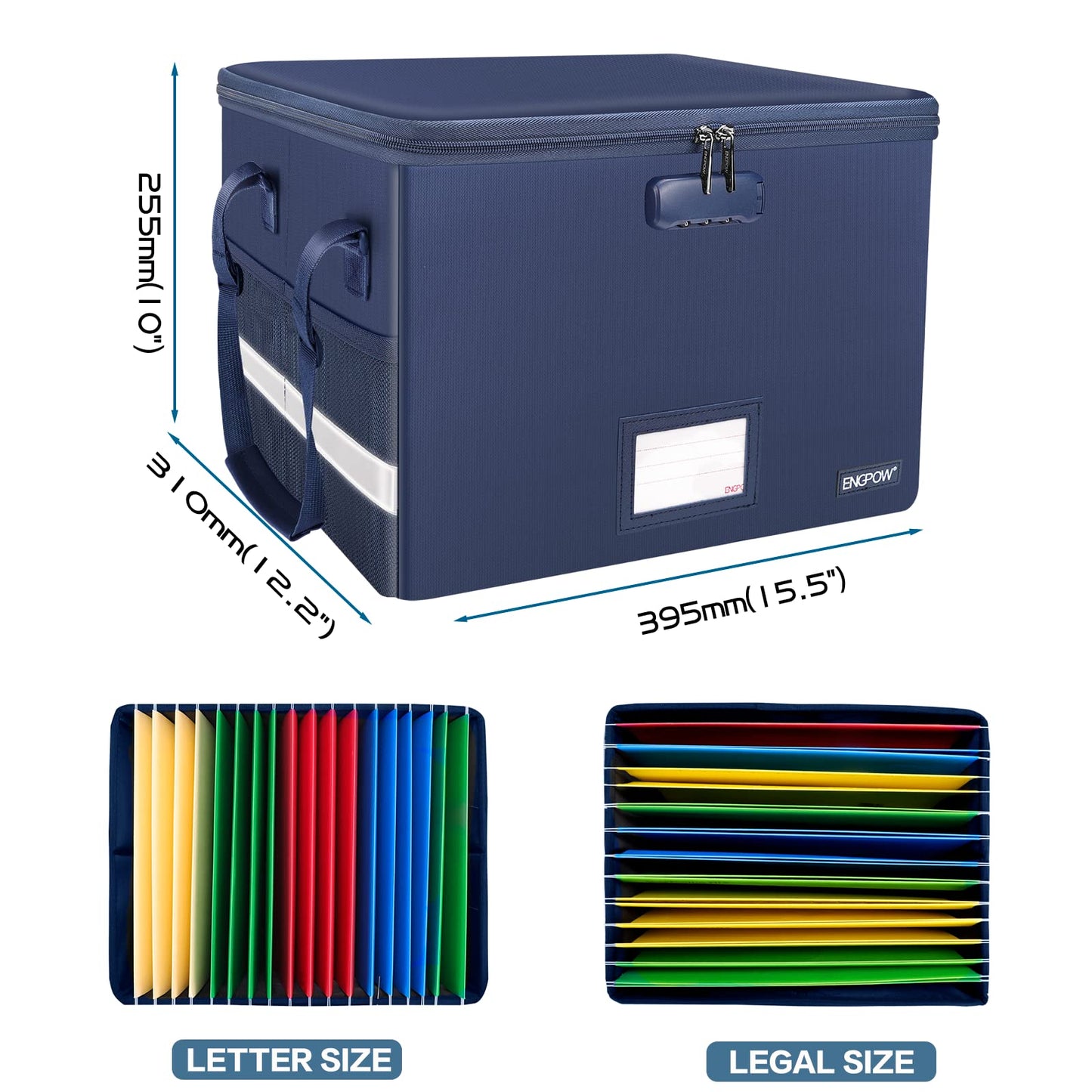 ENGPOW File Box with Lock, Fireproof Document Box with Zipper＆Pockets, Collapsible File Organizer Filing Storage Cabinet with Handle, Portable Home Office Safe for Hanging Letter/Legal Folder, Blue