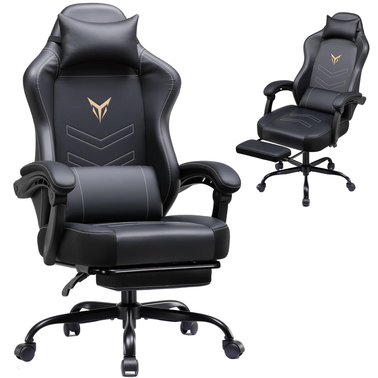 GTPLAYER Gaming Chair, Office Chair High Back Computer Chair with Foot Rest for Adults, Leather Desk Chair Executive Ergonomic Height Adjustable with Headrest and Lumbar Support, 300lbs Black