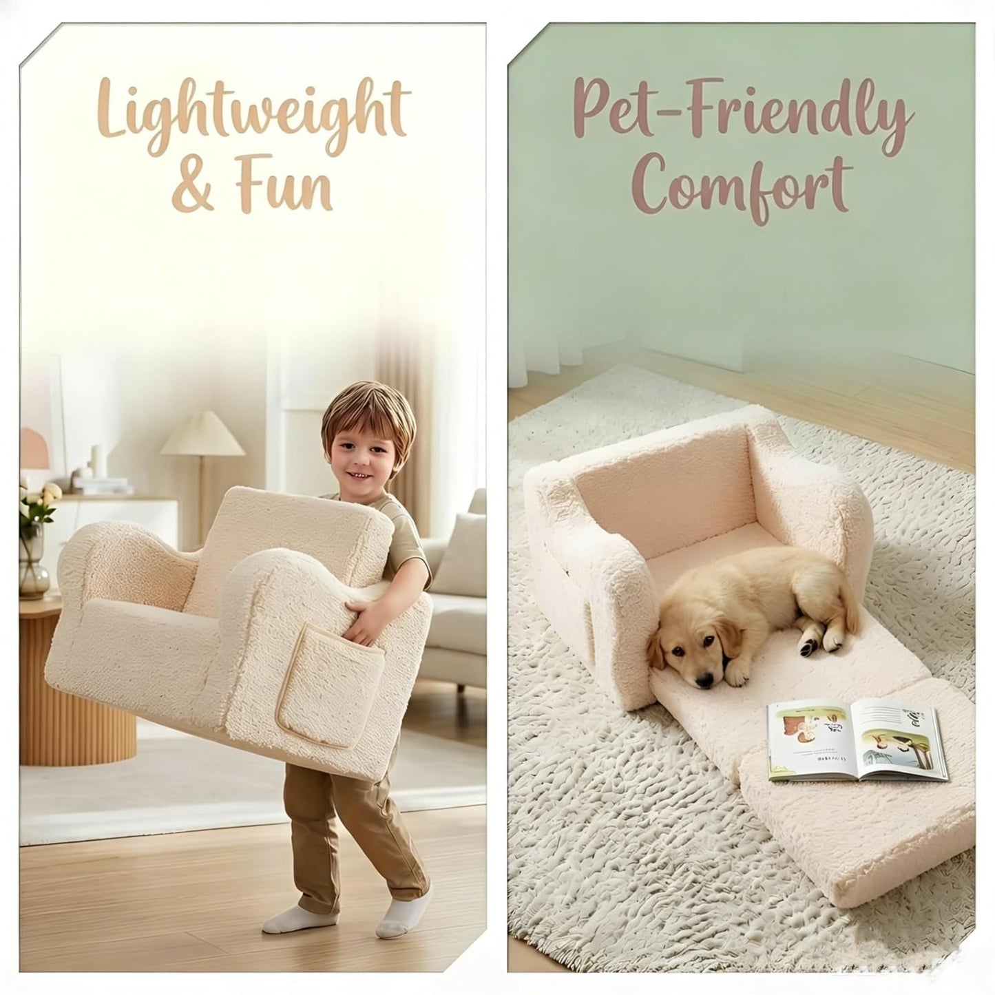 MOMCAYWEX Kids Sofa, 2-in-1 Flip-Out Foam Couch with Soft Sherpa Cover, Cozy Play Lounge Chair, Cream