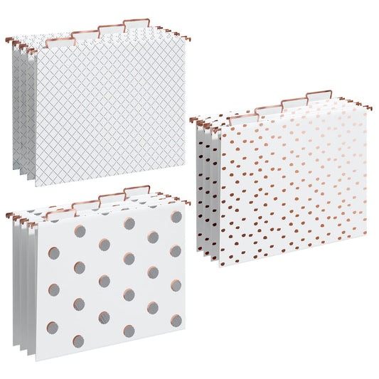 Y YOMA Rose Gold Hanging File Folders, Letter Size, 12 Pack Decorative Paper Hanging Folders with 1/5-Cut Adjustable Tabs, Desktop Filing Ideal for Home and Office Organization, 3 Design