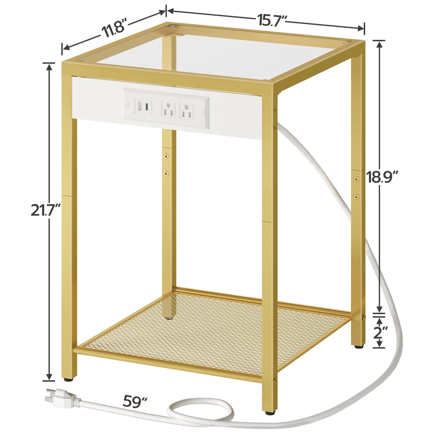 HOOBRO Side Table with Charging Station, End Table with USB Port, Nightstand for Tight Spaces, Tempered Glass, Modern Metal Frame, for Office, Bedroom, Living Room, Study, Gold GD76UBZ01