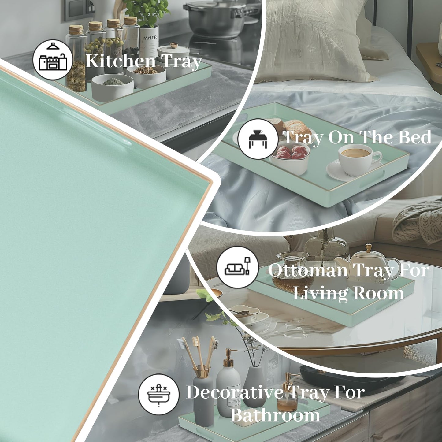 MAONAME Mint Green Serving Tray with Handles, Modern Decorative Trays for Coffee Table, Plastic Rectangular Trays for Ottoman, Bathroom, Decor, 15.8” x 10.2” x 1.4"