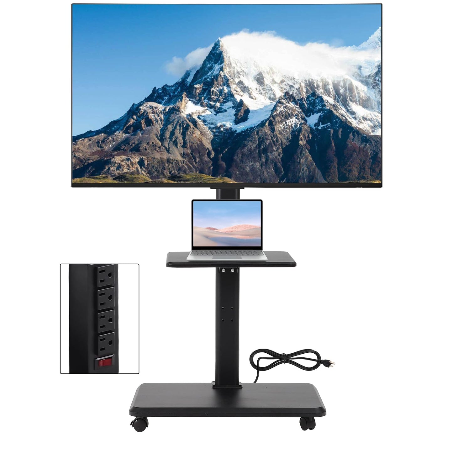 FAHKNS Mobile TV Stand with Power Outlet, Tilt and Swivel Mobile TV Cart for 32-70 inch TVs up to 88 lbs, Height Adjustable Portable Rolling Monitor Stand on Wheels, Max VESA 600x400mm, Black
